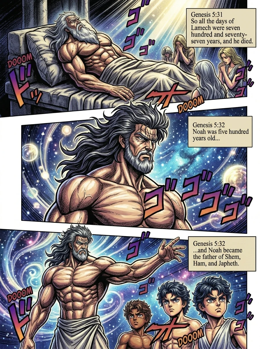 Genesis 5 illustration: Lamech Dies; Noah Fathers Three Sons