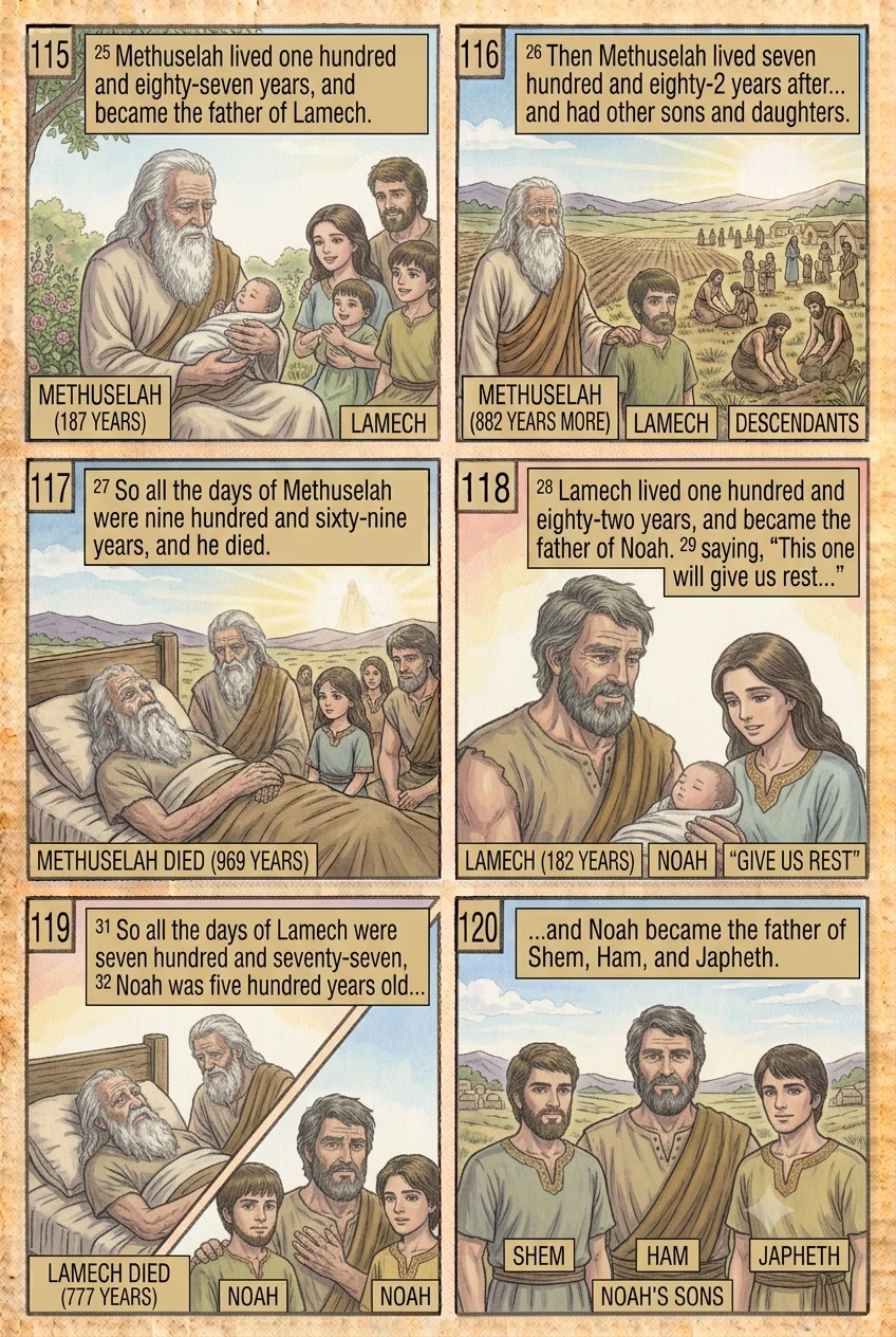 Genesis 5 illustration: Methuselah, Lamech & Noah