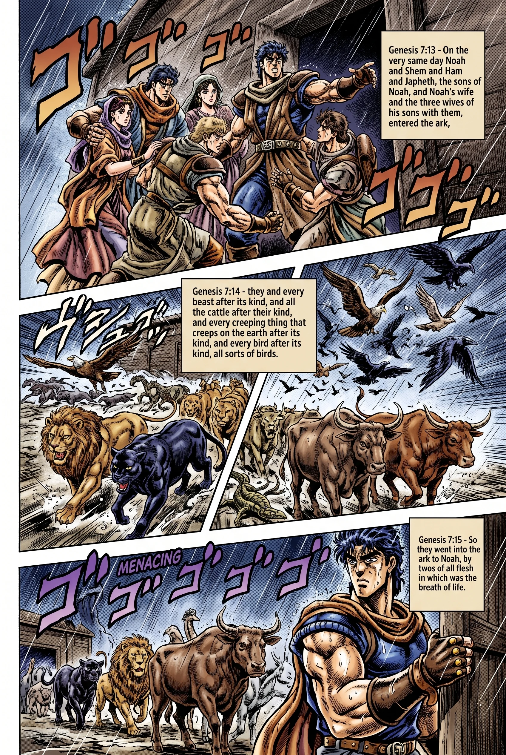 Genesis 7 illustration: Noah's Family and Animals Enter Together