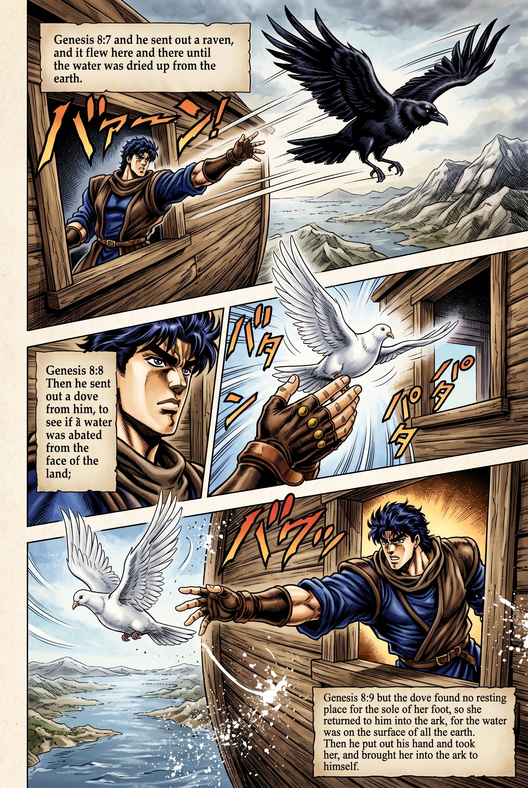 Genesis 8 illustration: Noah Sends Out a Raven and Dove