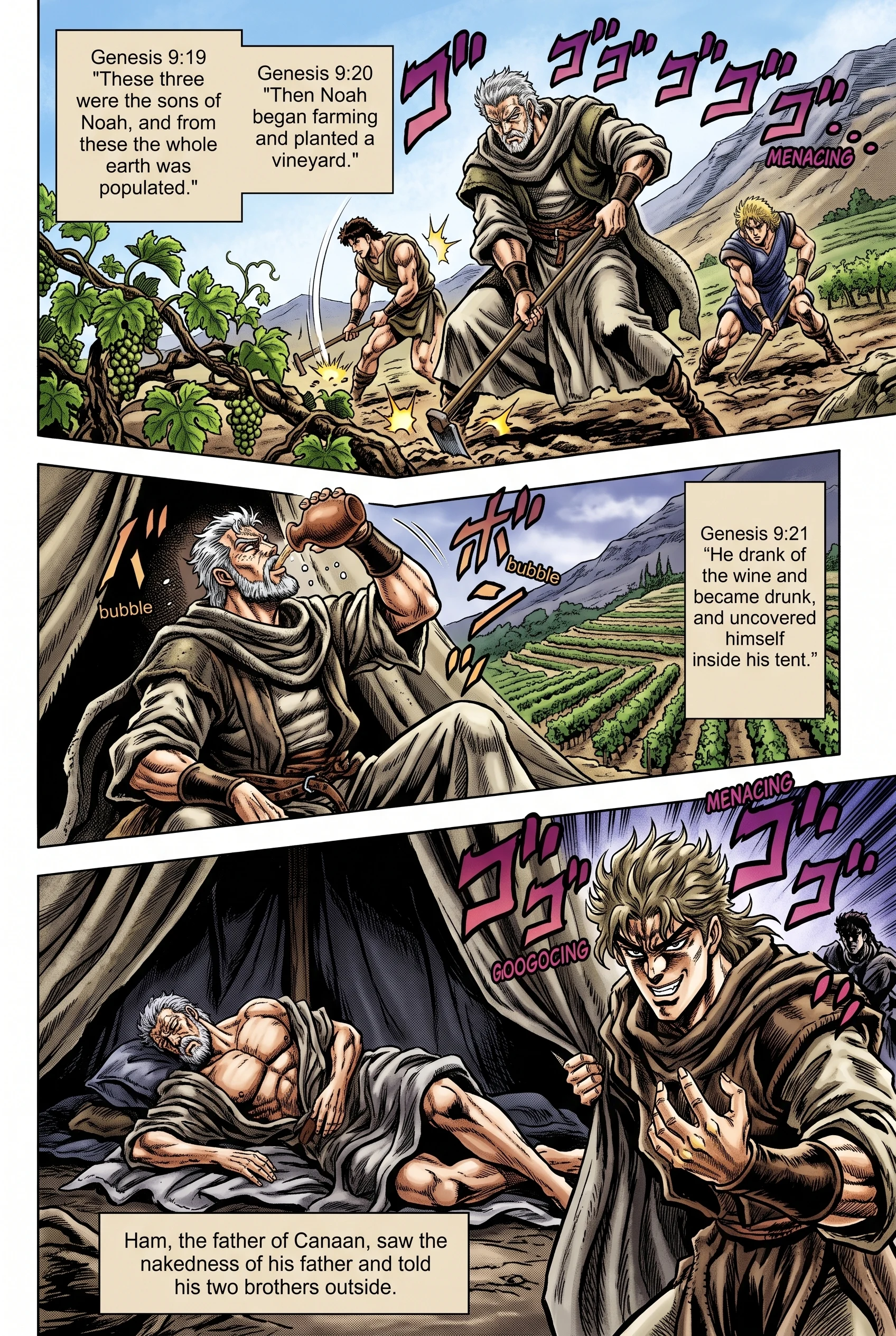 Genesis 9 illustration: Noah Plants a Vineyard and Is Drunk