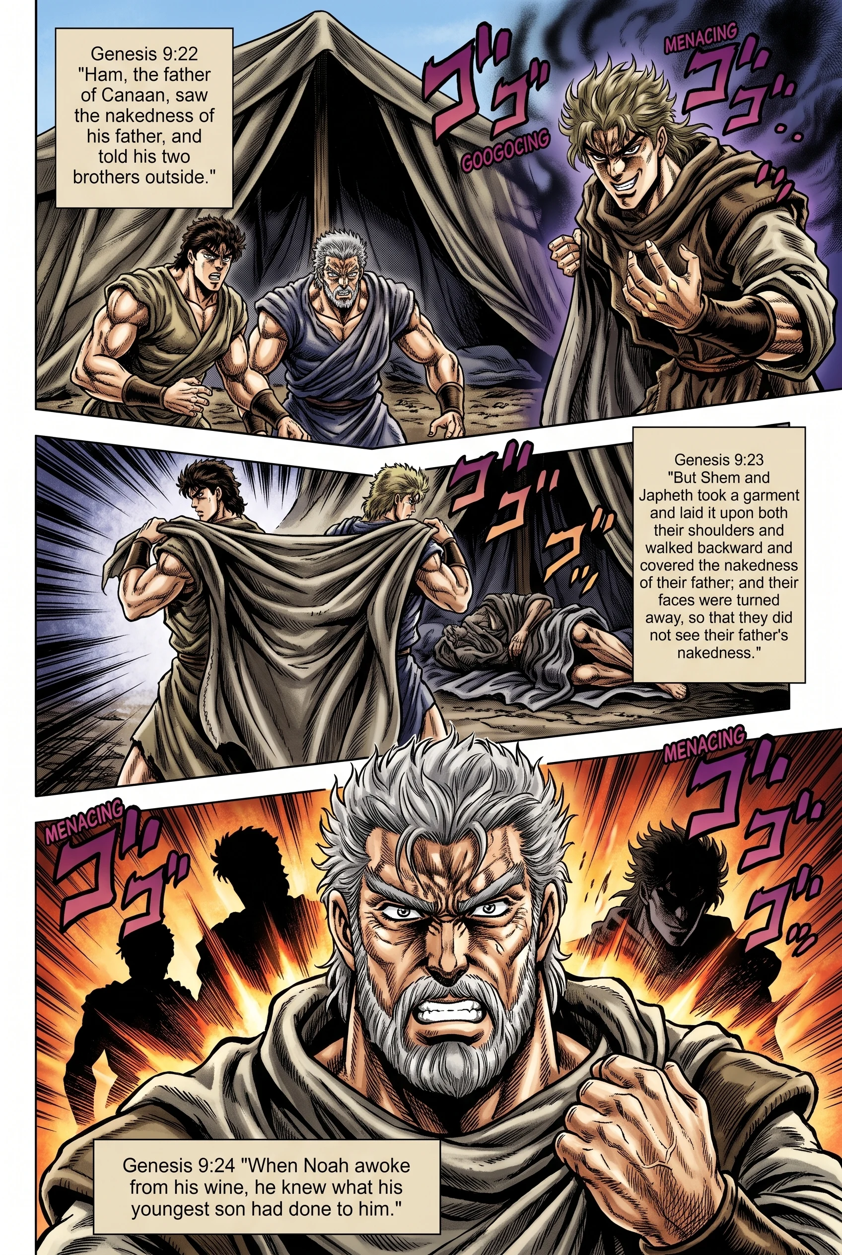 Genesis 9 illustration: Ham Sees; Shem and Japheth Cover Noah