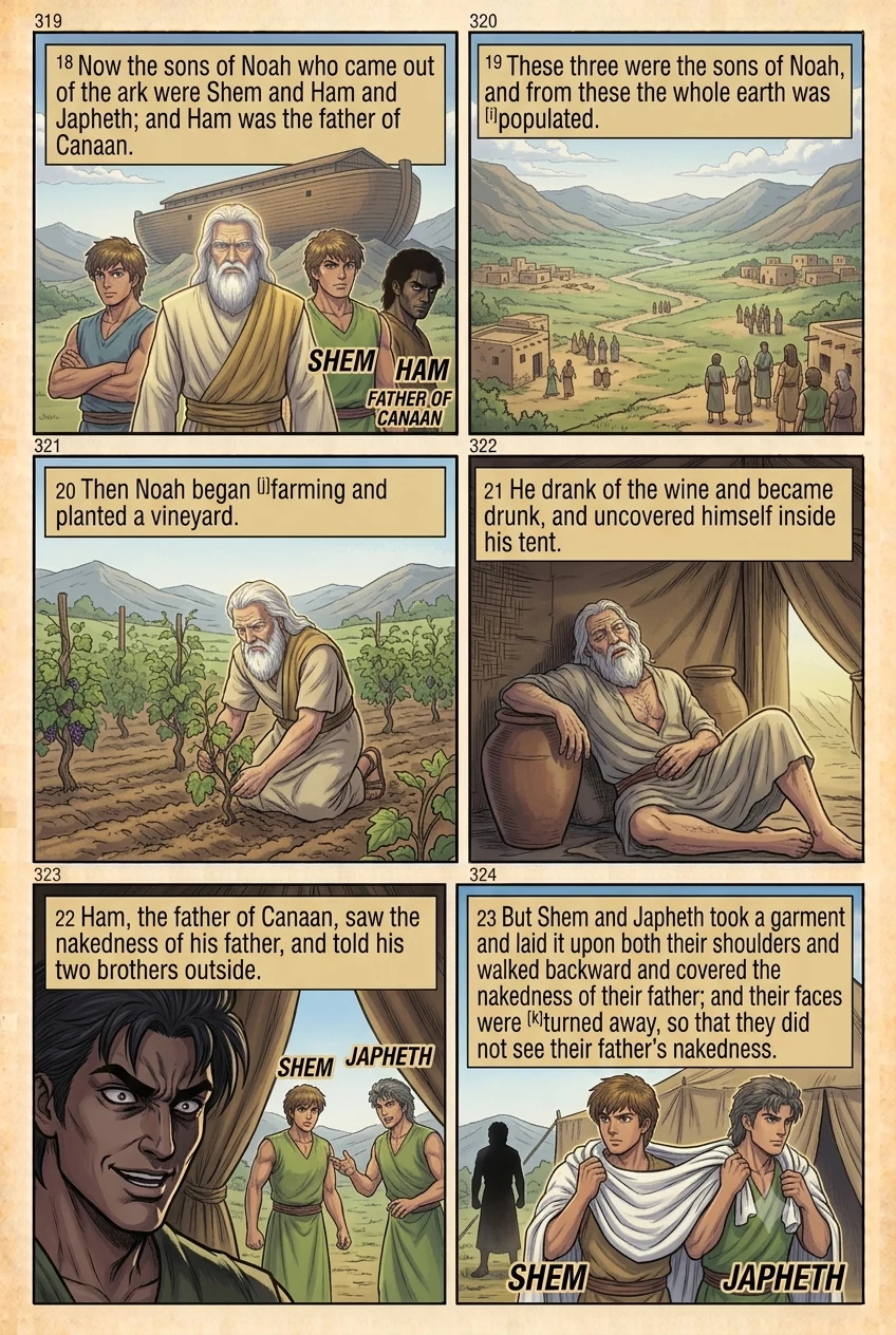Genesis 9 illustration: Noah's Vineyard & Ham's Disrespect