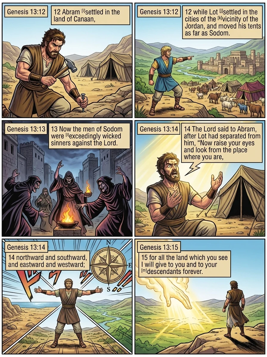 Genesis 13 illustration: Abram Settles in Canaan; Lot Chooses Sodom
