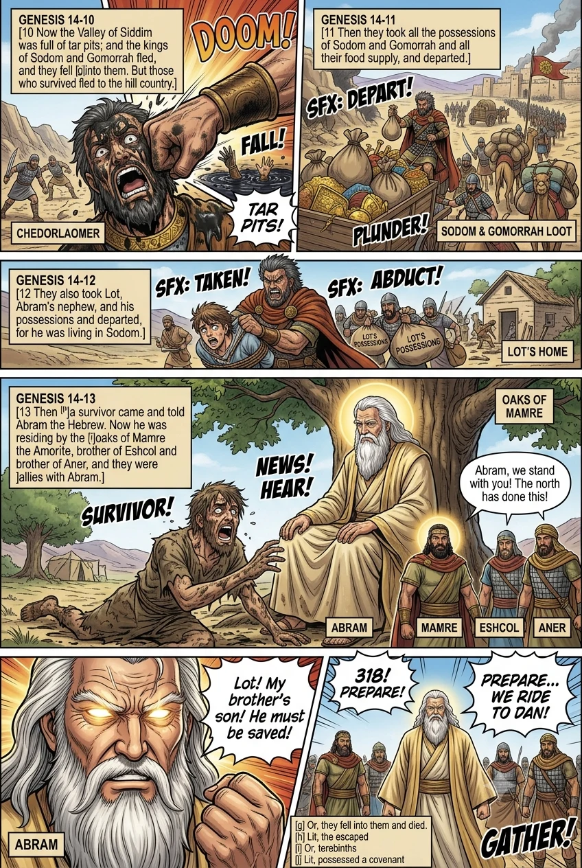 Genesis 14 illustration: Sodom and Gomorrah Fall; Lot Is Taken