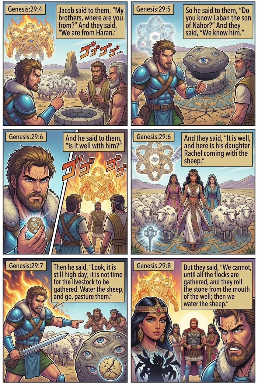 Genesis 29 illustration: Jacob Questions the Shepherds