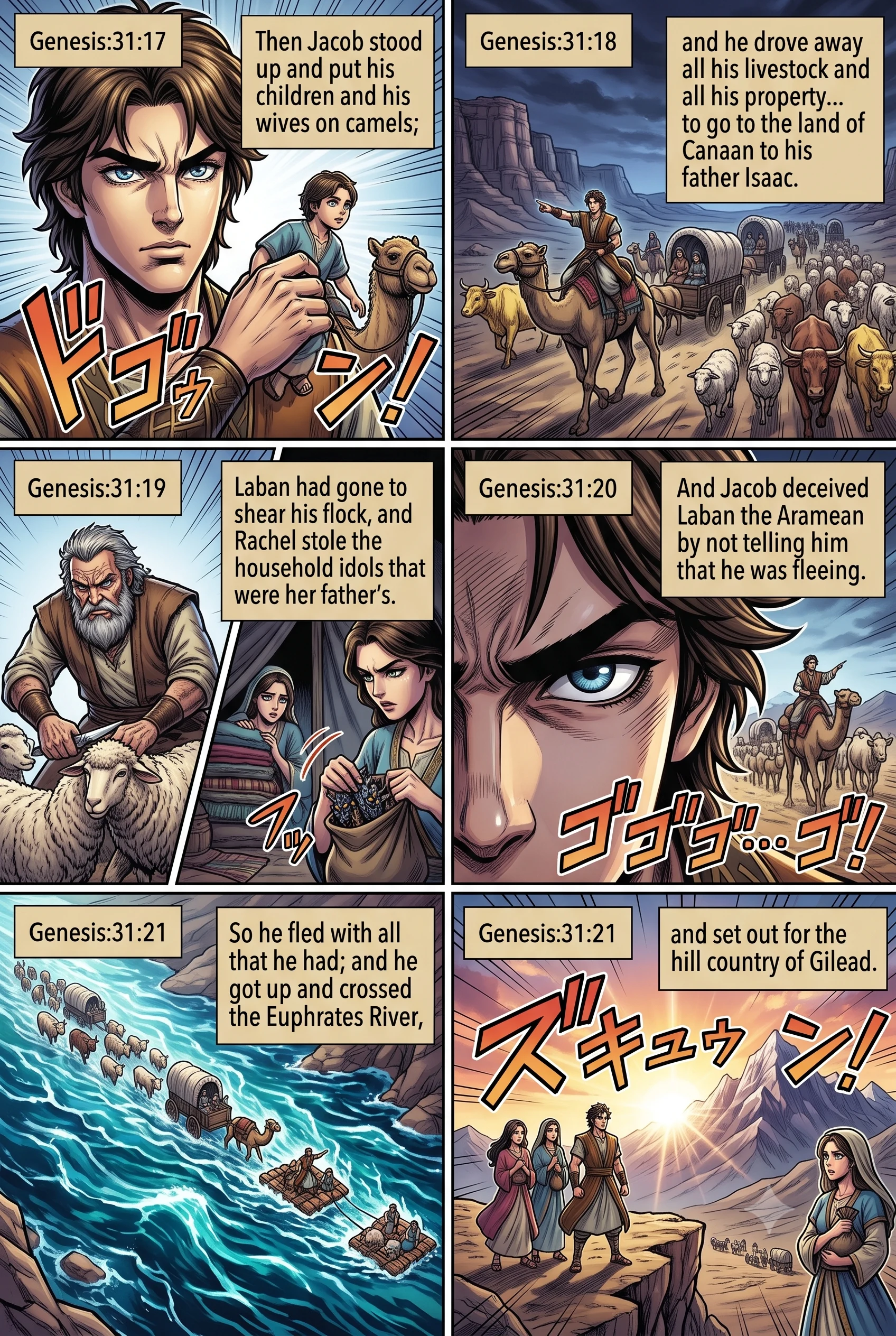 Genesis 31 illustration: Jacob Flees with His Family