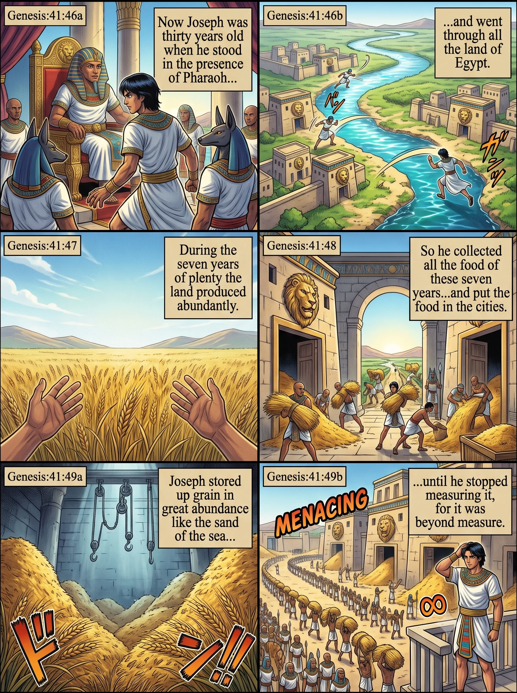 Genesis 41 illustration: Joseph Gathers Grain in Abundance