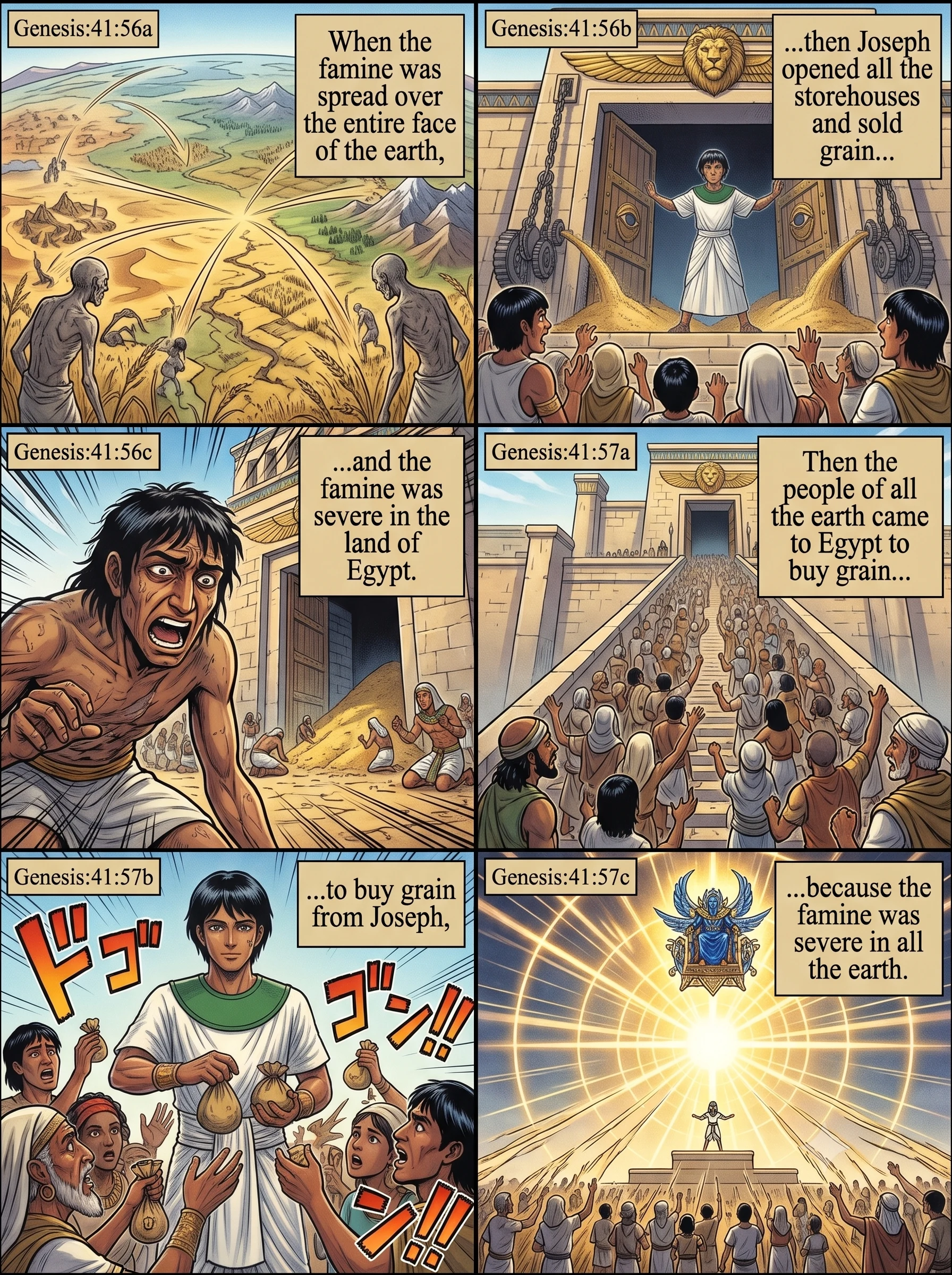 Genesis 41 illustration: Joseph Sells Grain to All the Earth