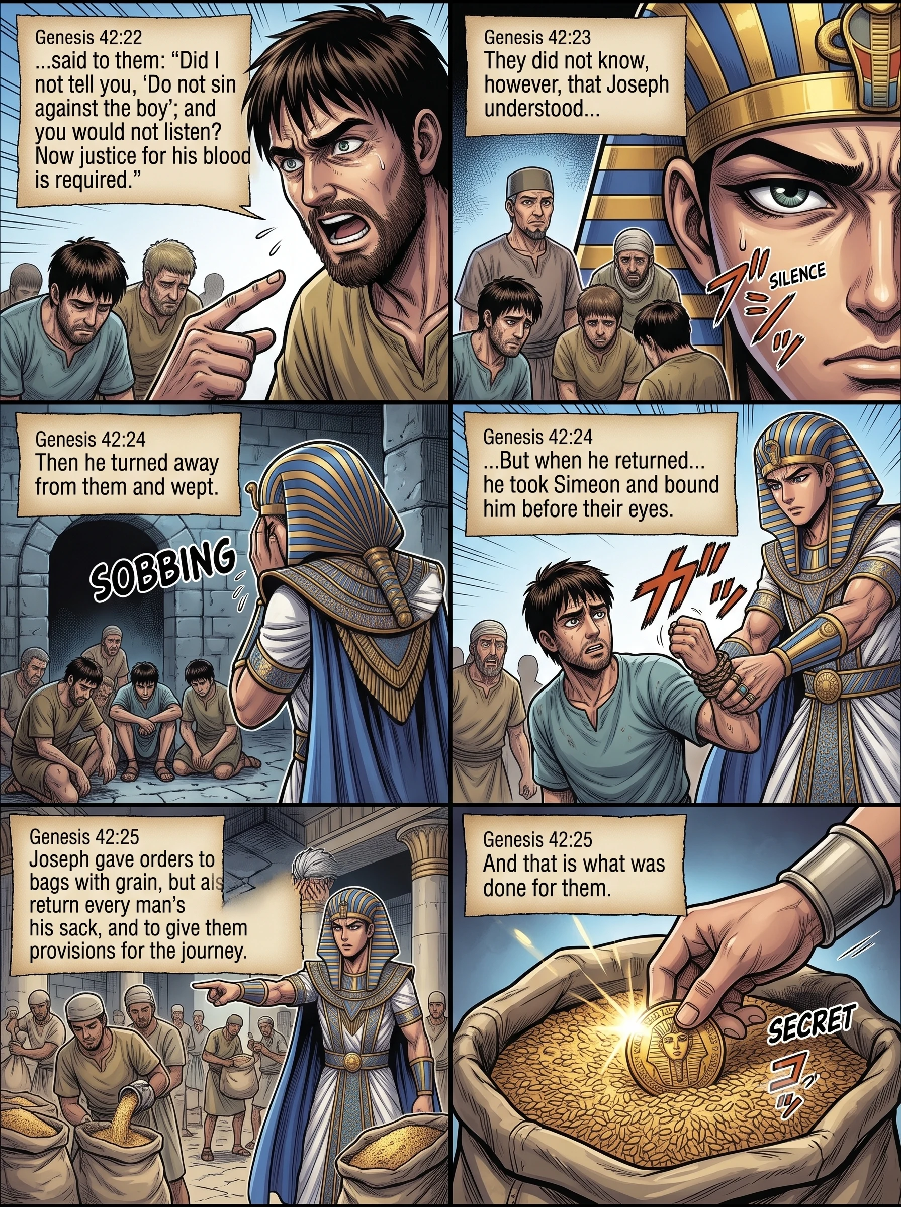 Genesis 42 illustration: Joseph Weeps and Detains Simeon