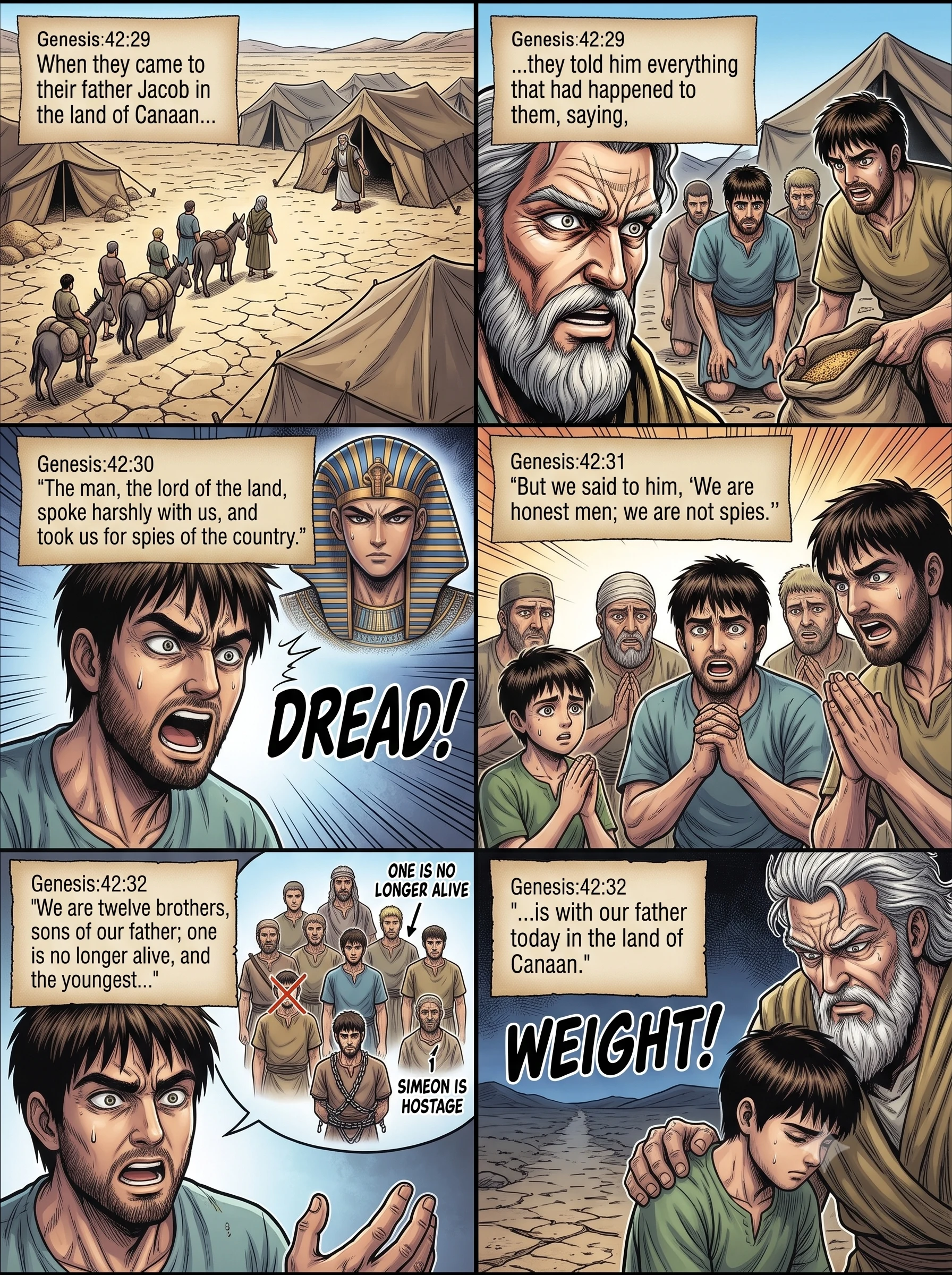 Genesis 42 illustration: The Brothers Report to Jacob