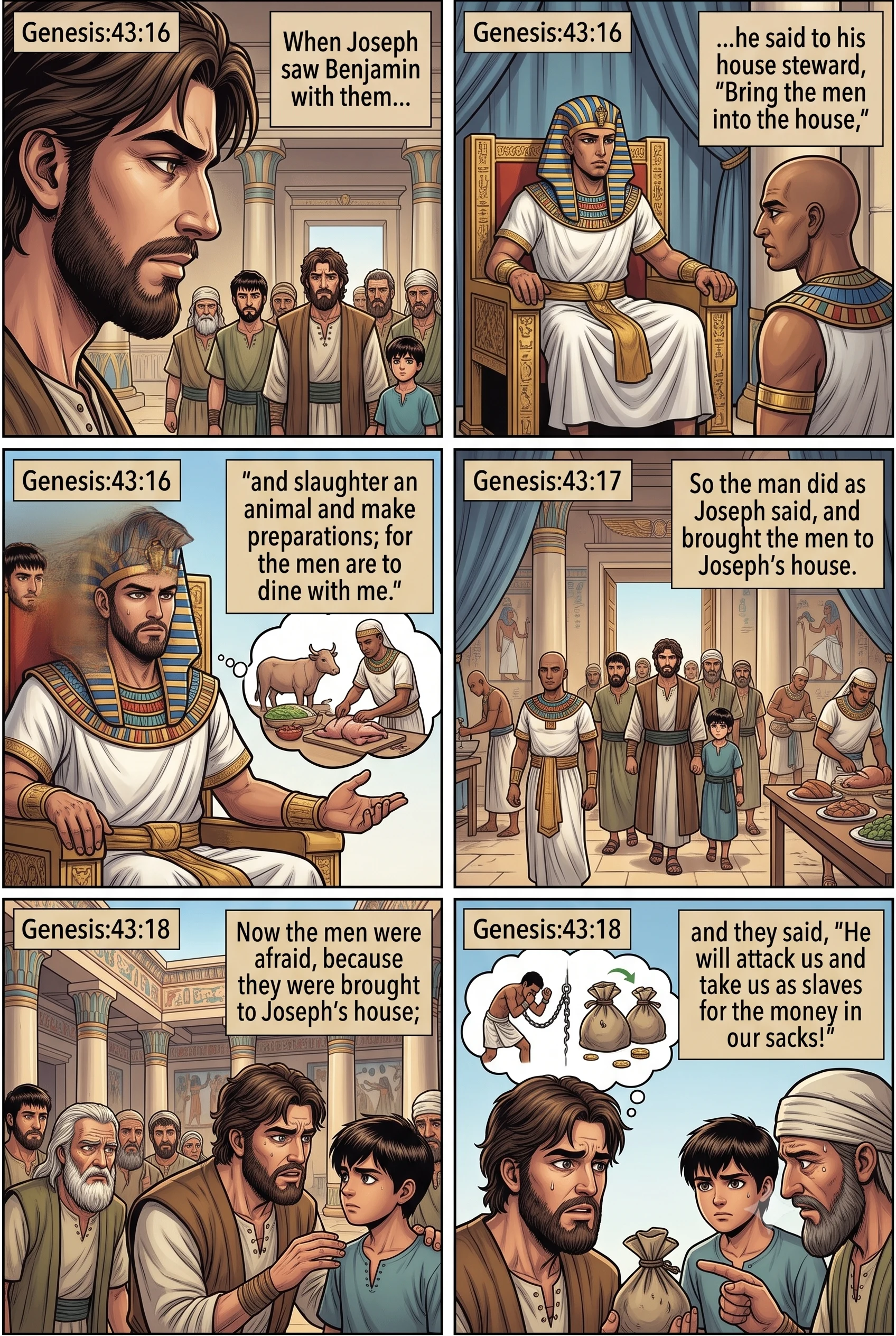 Genesis 43 illustration: Fear at Joseph's House