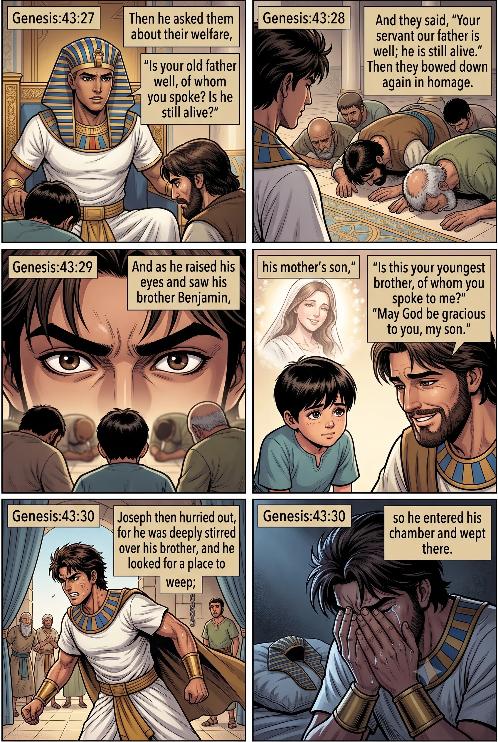 Genesis 43 illustration: Joseph Sees Benjamin