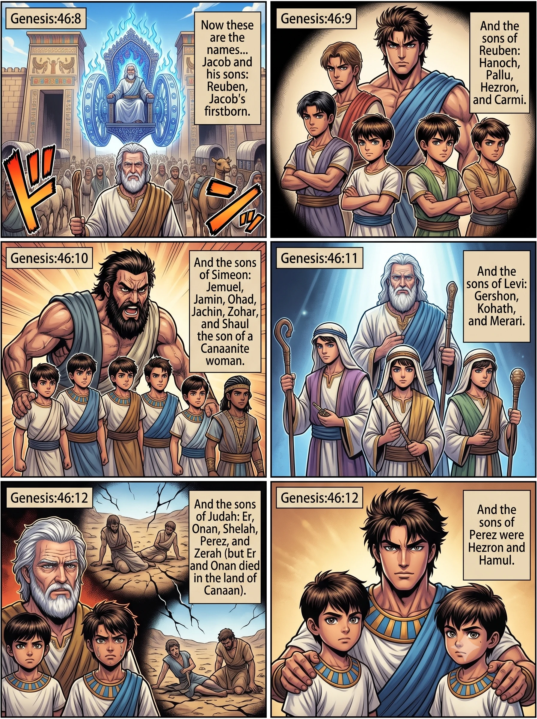 Genesis 46 illustration: The Sons of Reuben, Simeon, Levi, and Judah