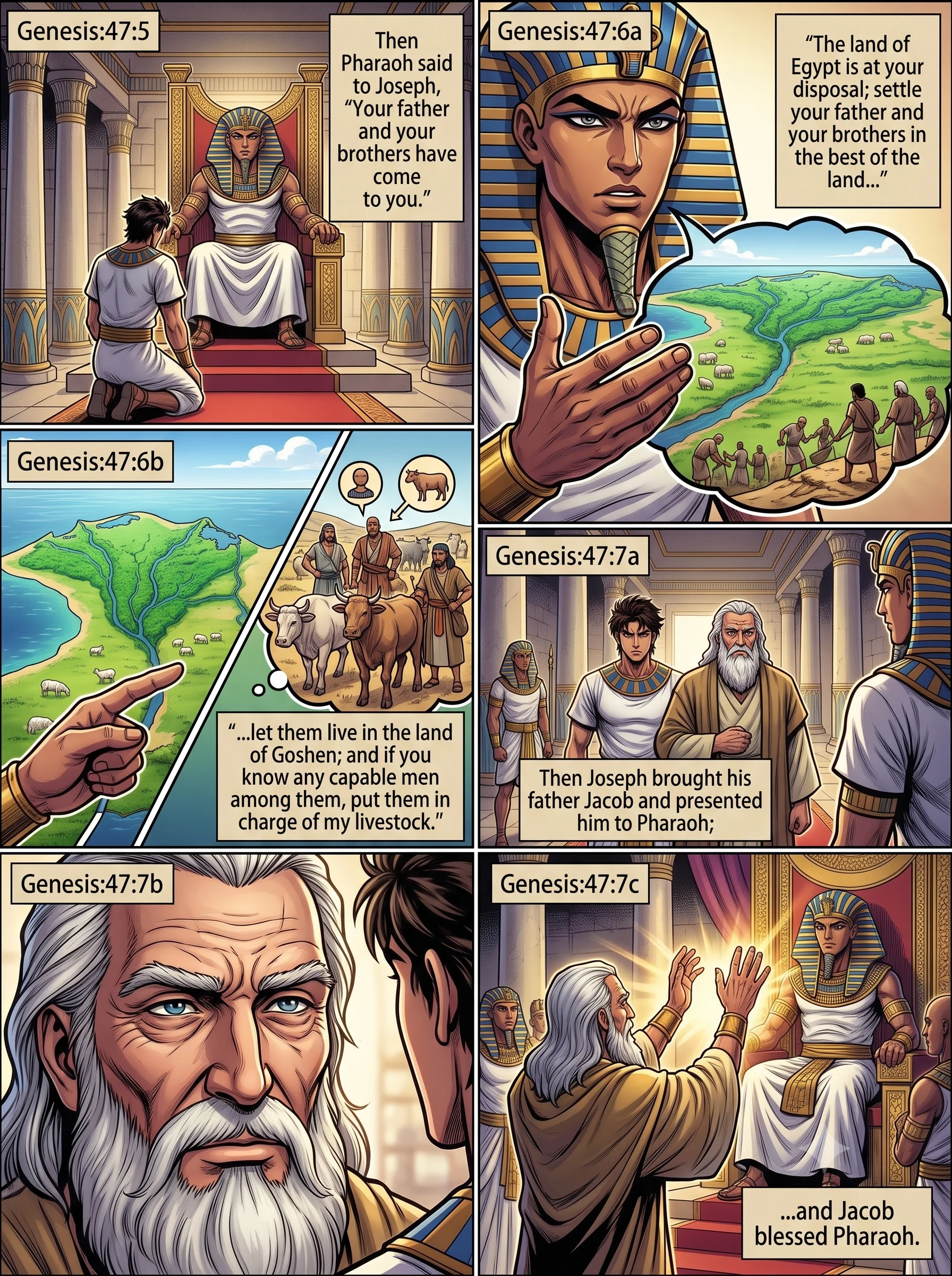 Genesis 47 illustration: Pharaoh Grants Goshen and Jacob Blesses Pharaoh