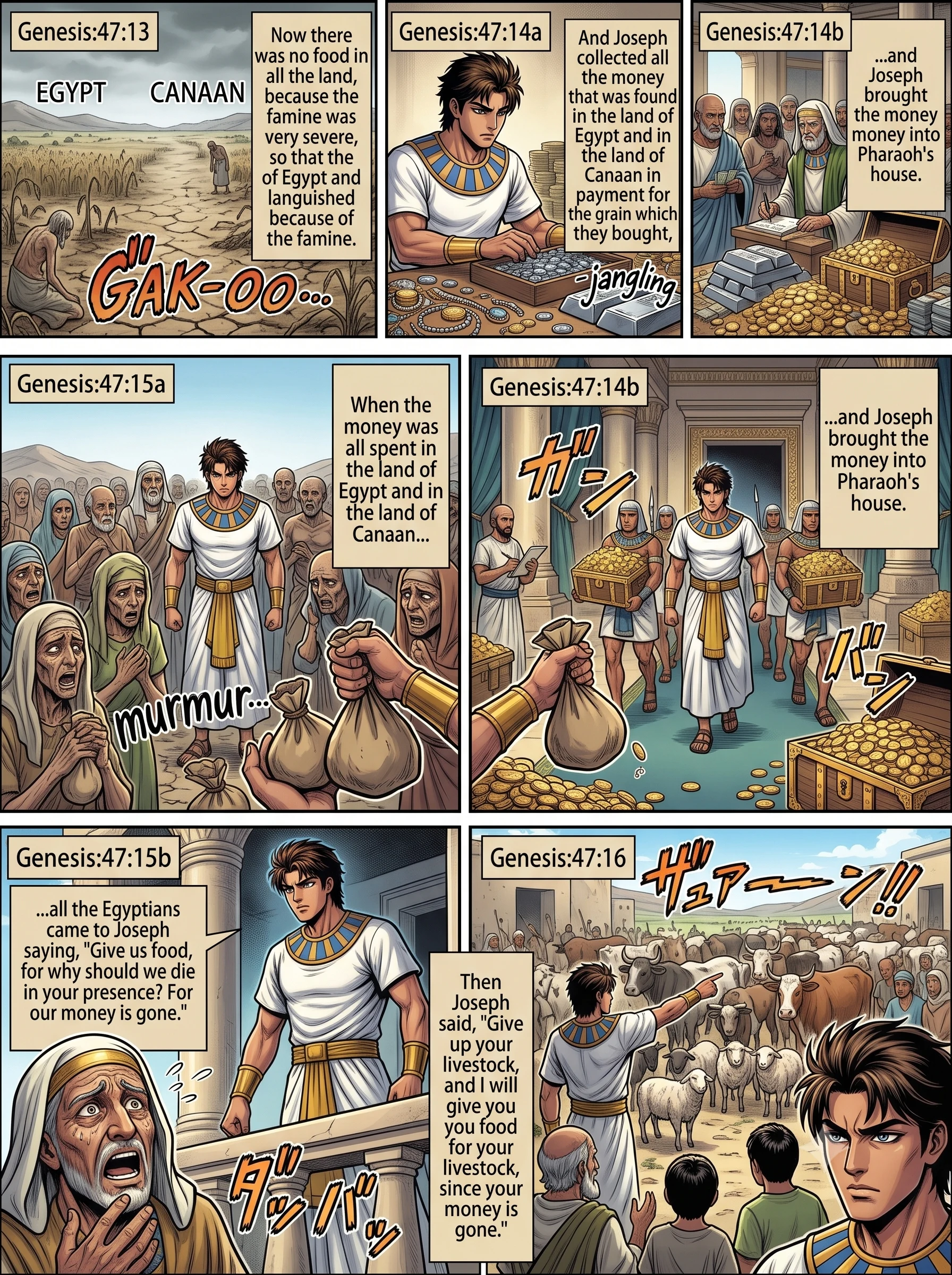 Genesis 47 illustration: Egyptians Trade Money and Livestock for Grain
