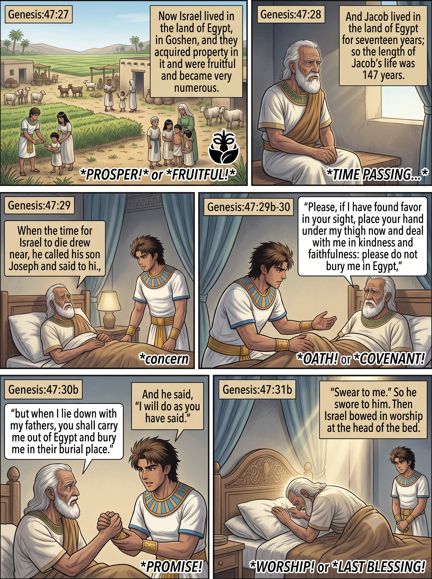 Genesis 47 illustration: Jacob's Oath and Request for Burial in Canaan