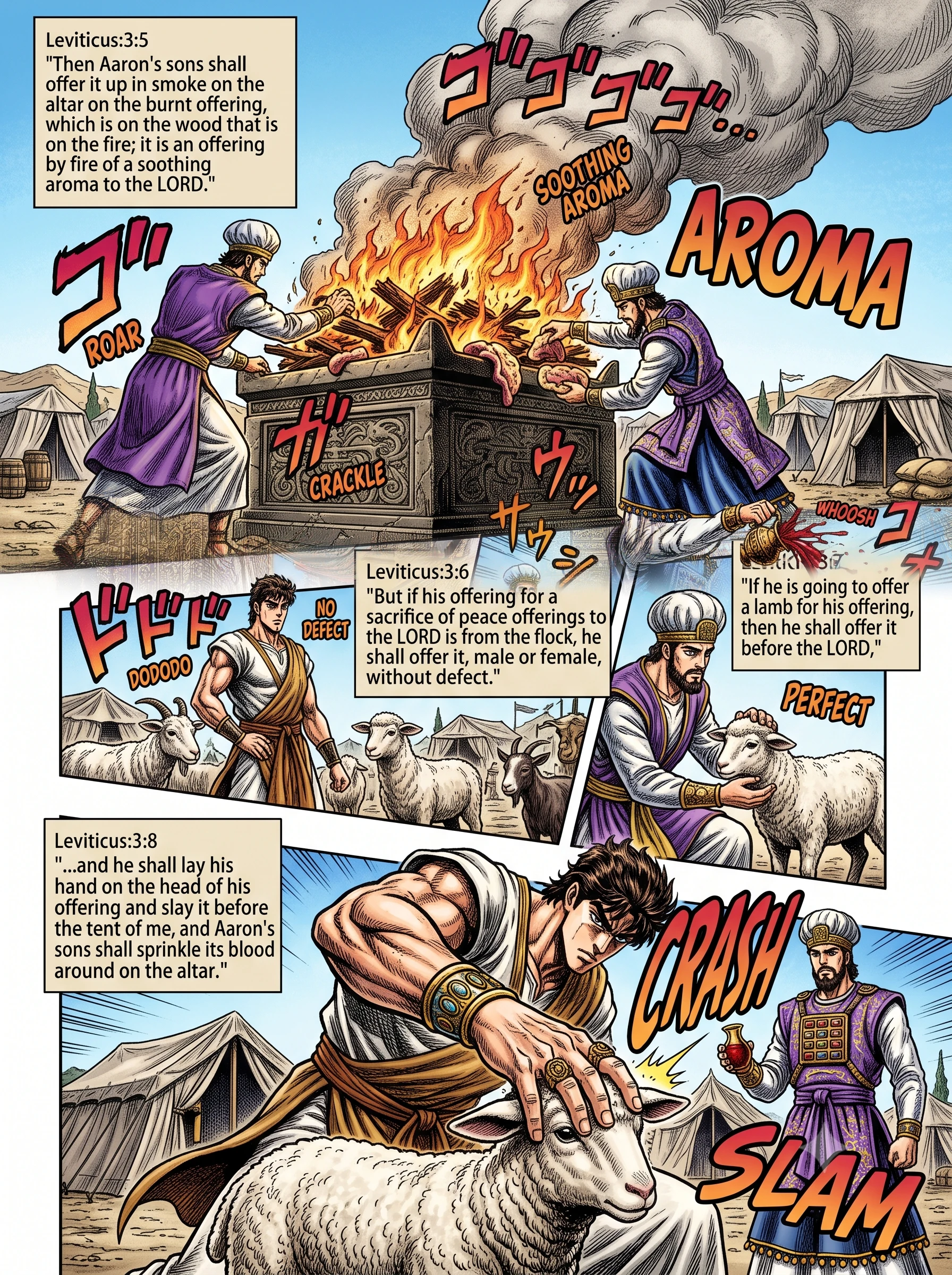 Leviticus 3 illustration: Burning the Fat; Offering a Lamb