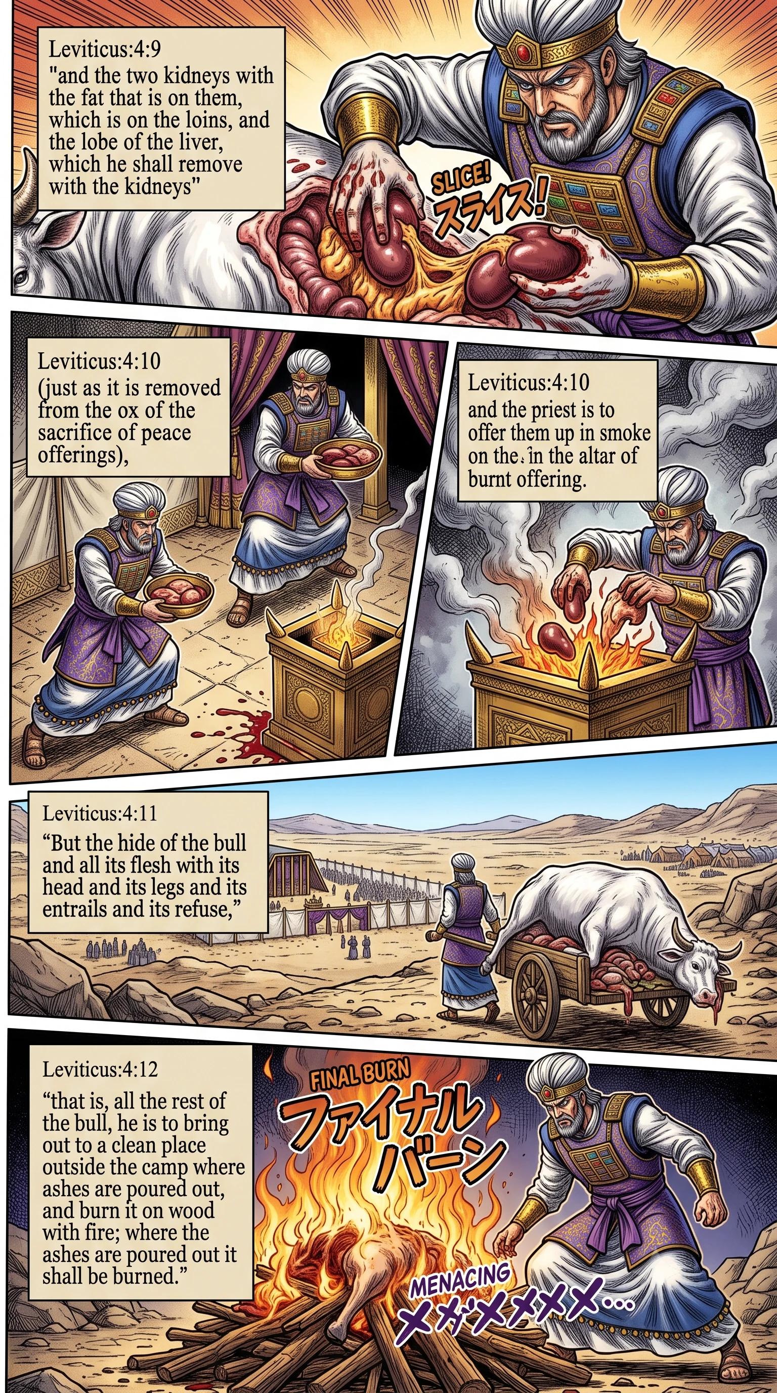 Leviticus 4 illustration: Burning the Fat; Disposing of the Bull