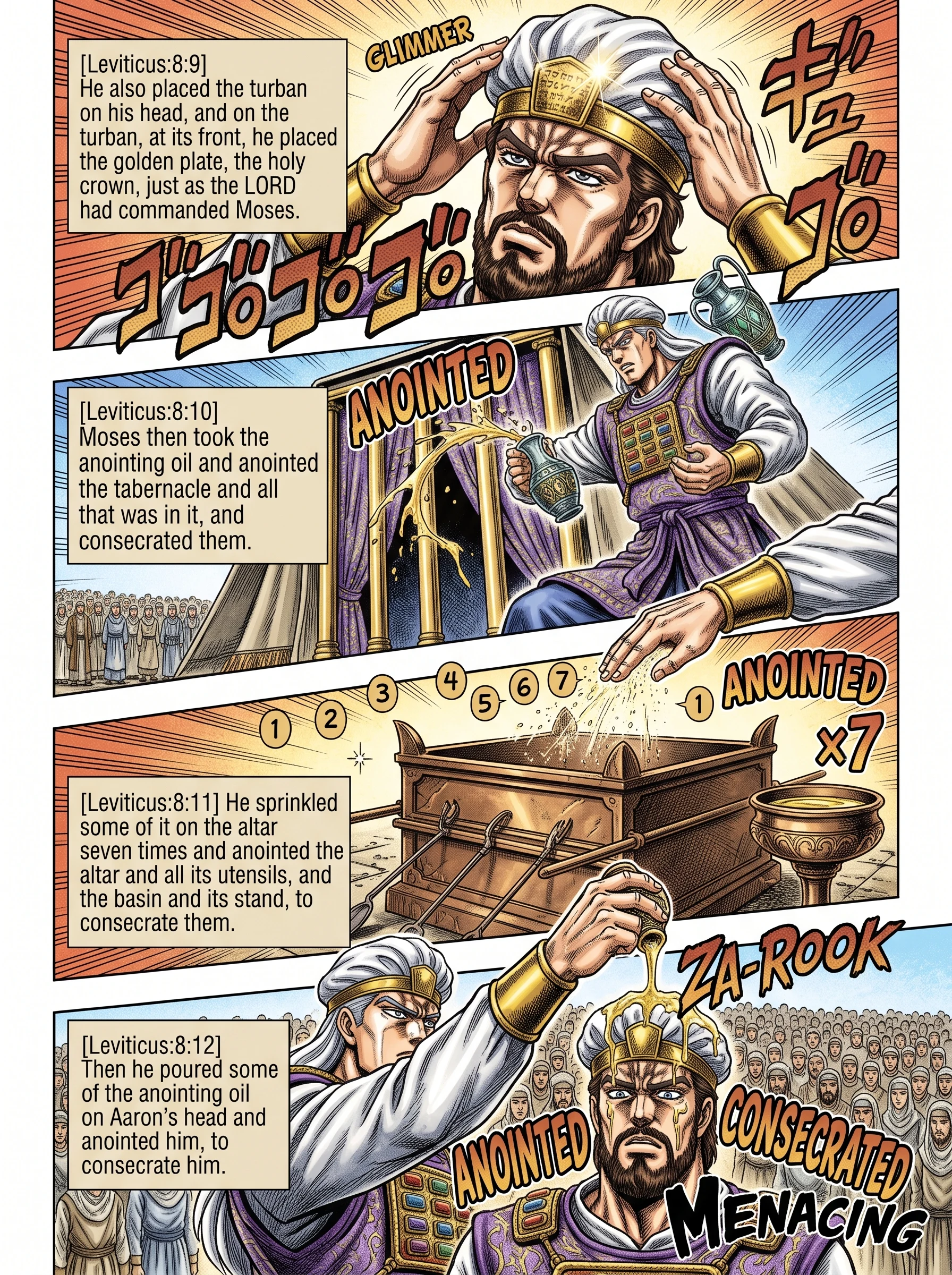 Leviticus 8 illustration: The Tabernacle and Aaron Are Anointed