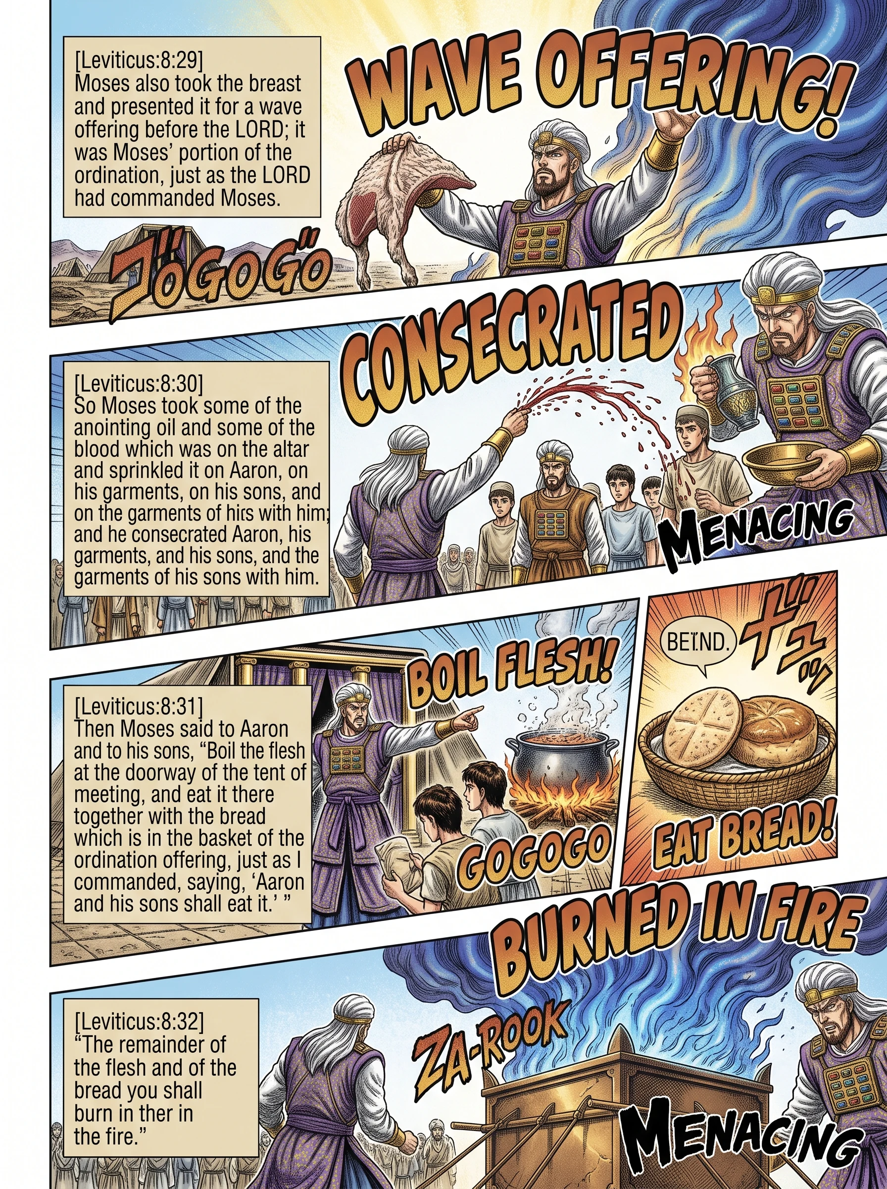 Leviticus 8 illustration: Consecrating Aaron and Boiling the Offering