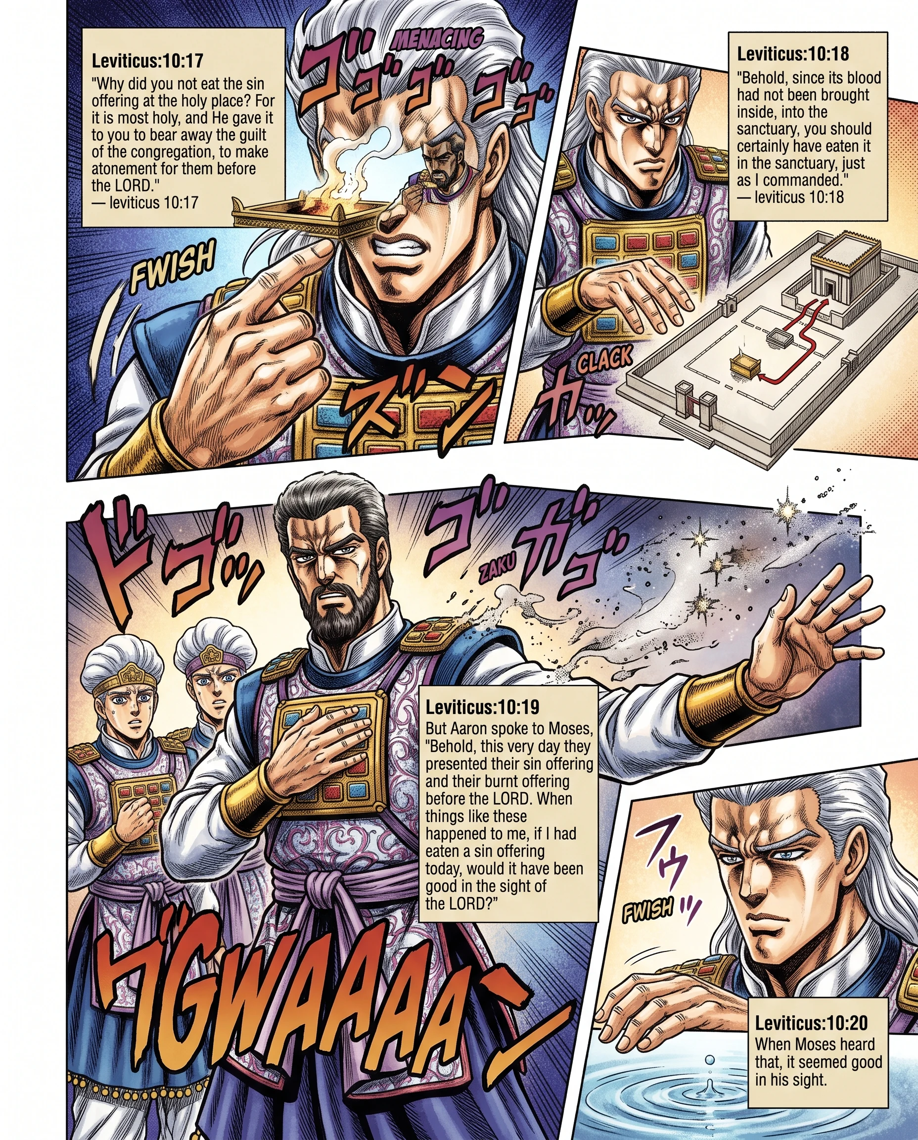 Leviticus 10 illustration: Aaron Explains the Burned Sin Offering to Moses