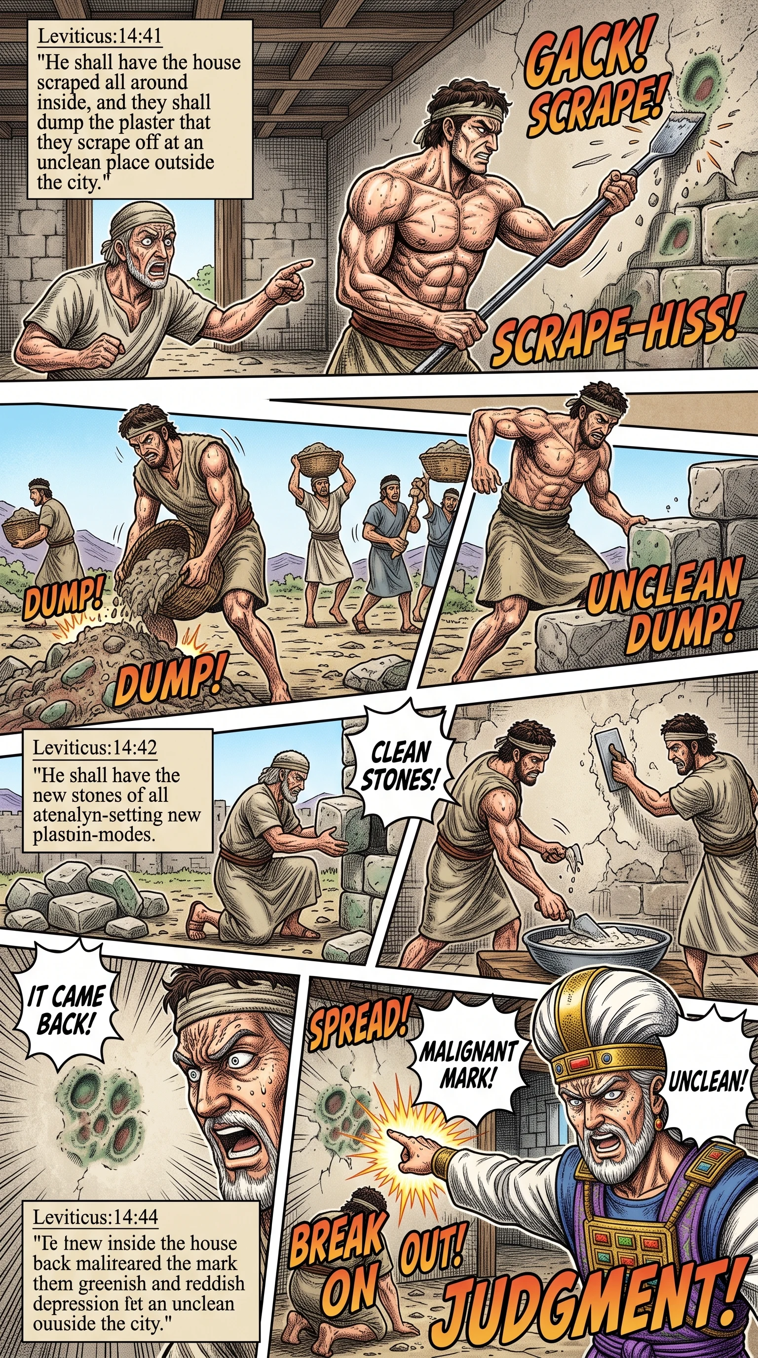 Leviticus 14 illustration: Scraping the House; the Mark Returns