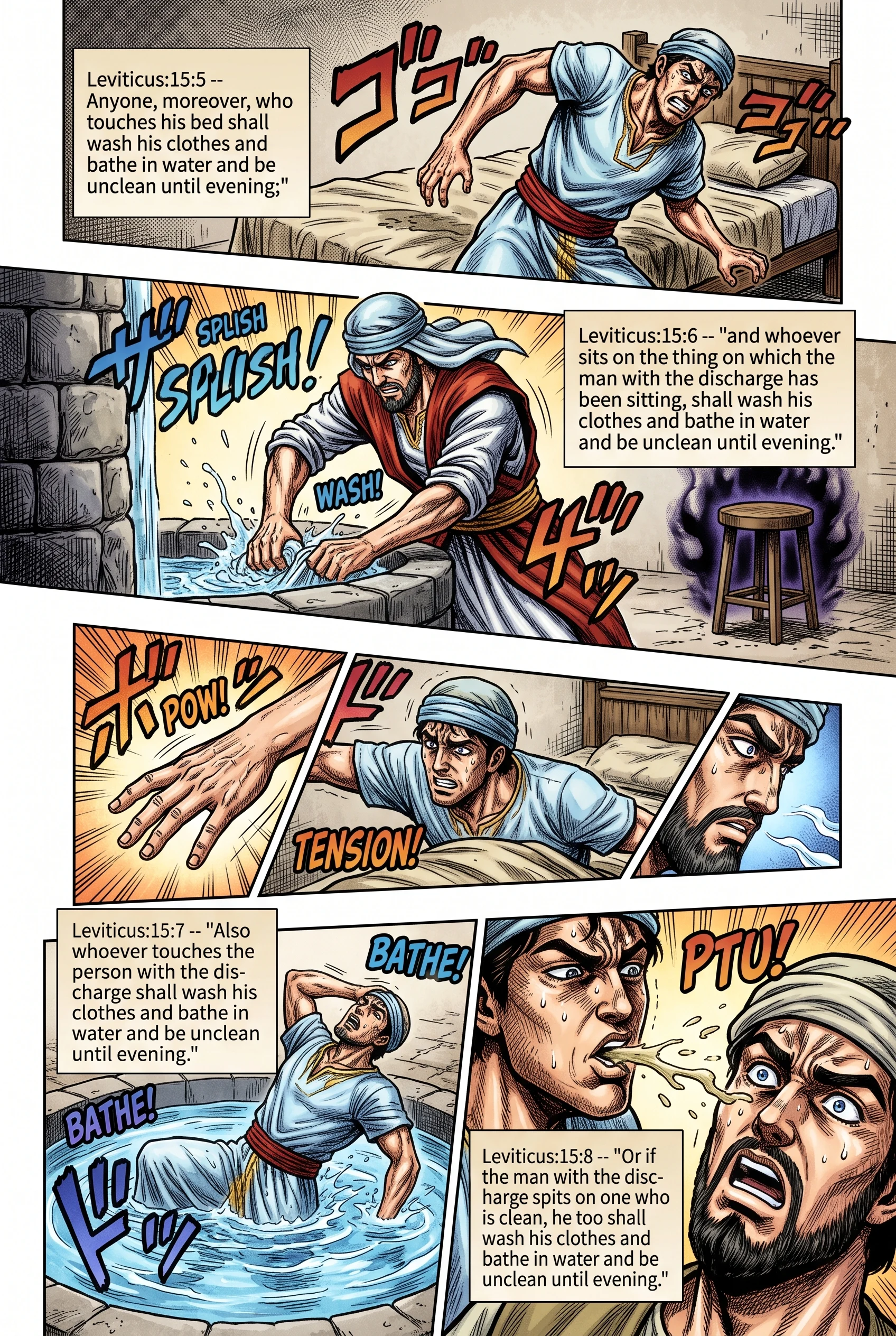Leviticus 15 illustration: Touching His Bed, Seat, or Spit