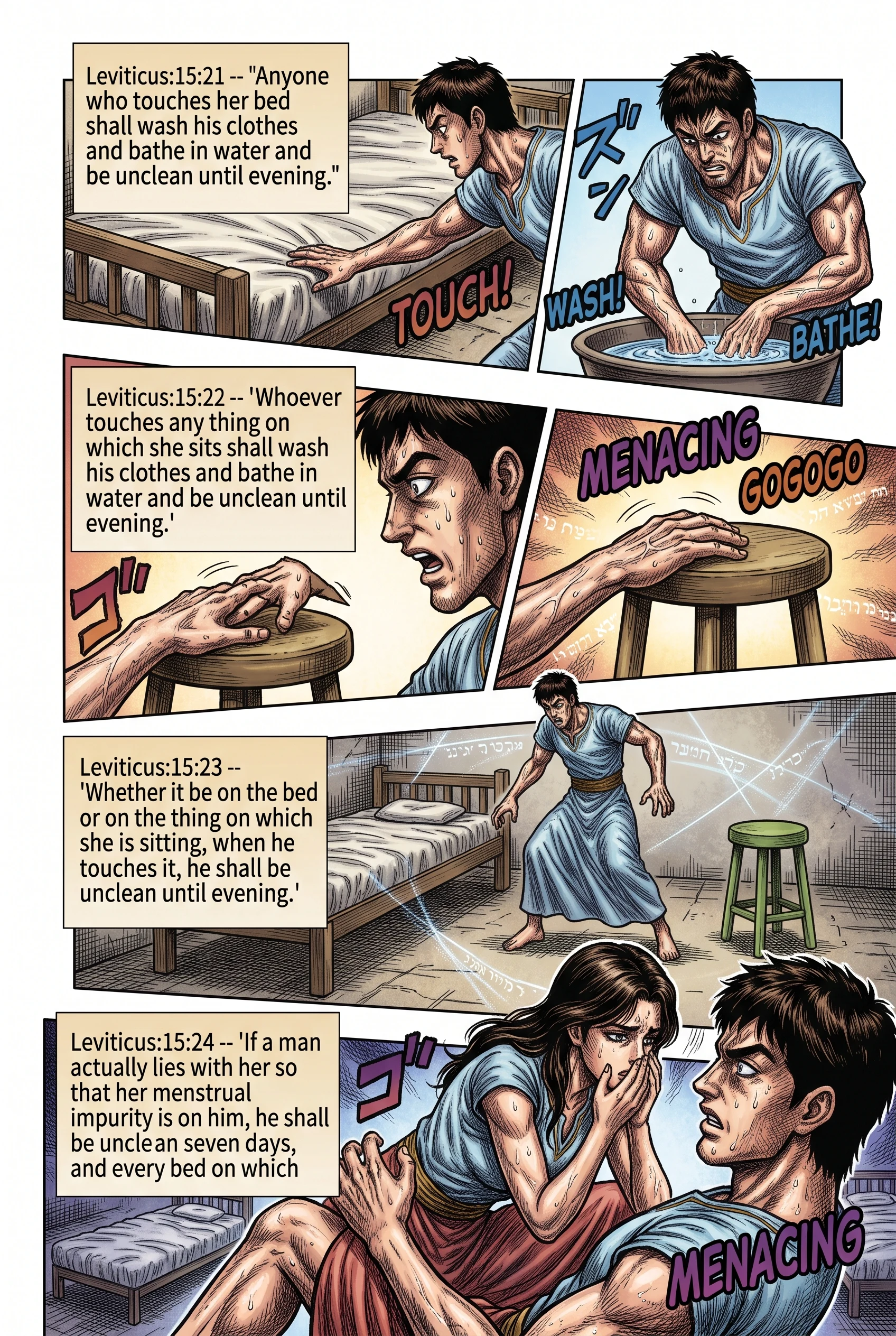 Leviticus 15 illustration: Touching Her Bed or Lying With Her