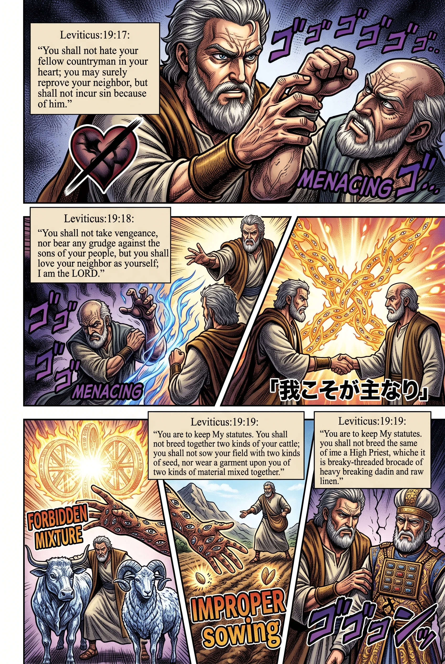 Leviticus 19 illustration: Love Your Neighbor; No Mixed Breeding or Fabrics