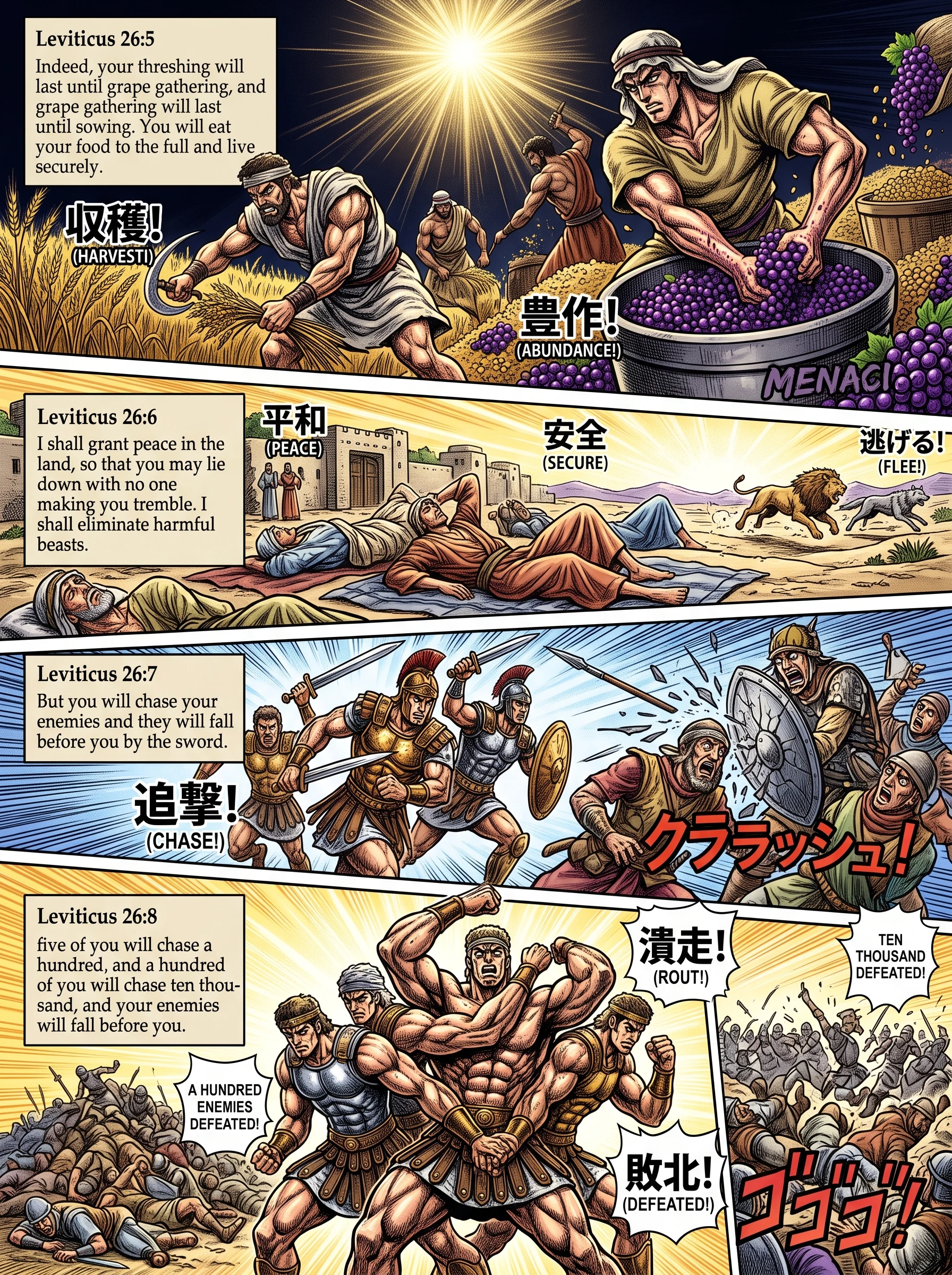 Leviticus 26 illustration: Threshing to Grape Harvest; Peace and Victory Over Enemies