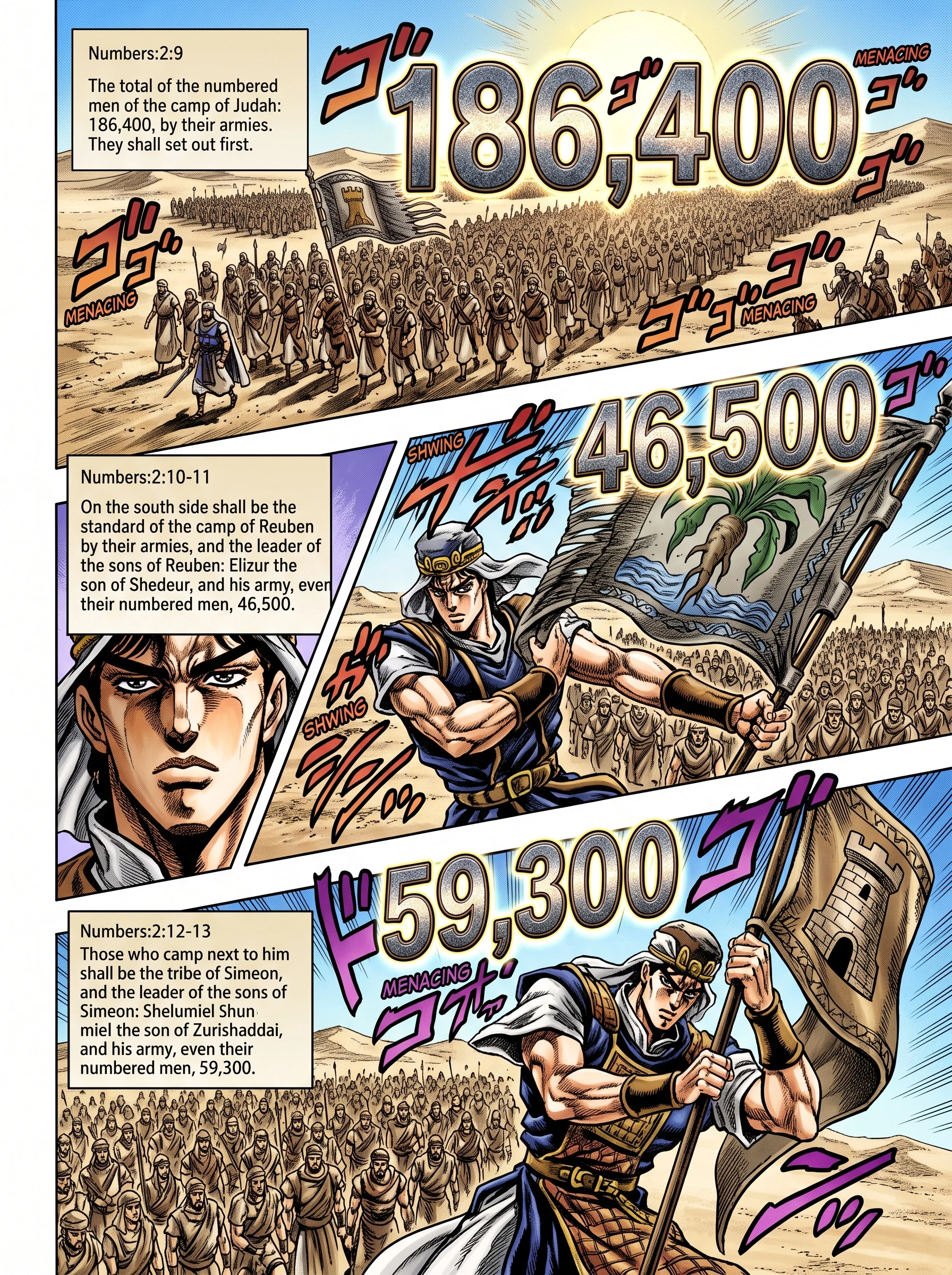 Numbers 2 illustration: Judah's Camp Total; Reuben's Standard Begins