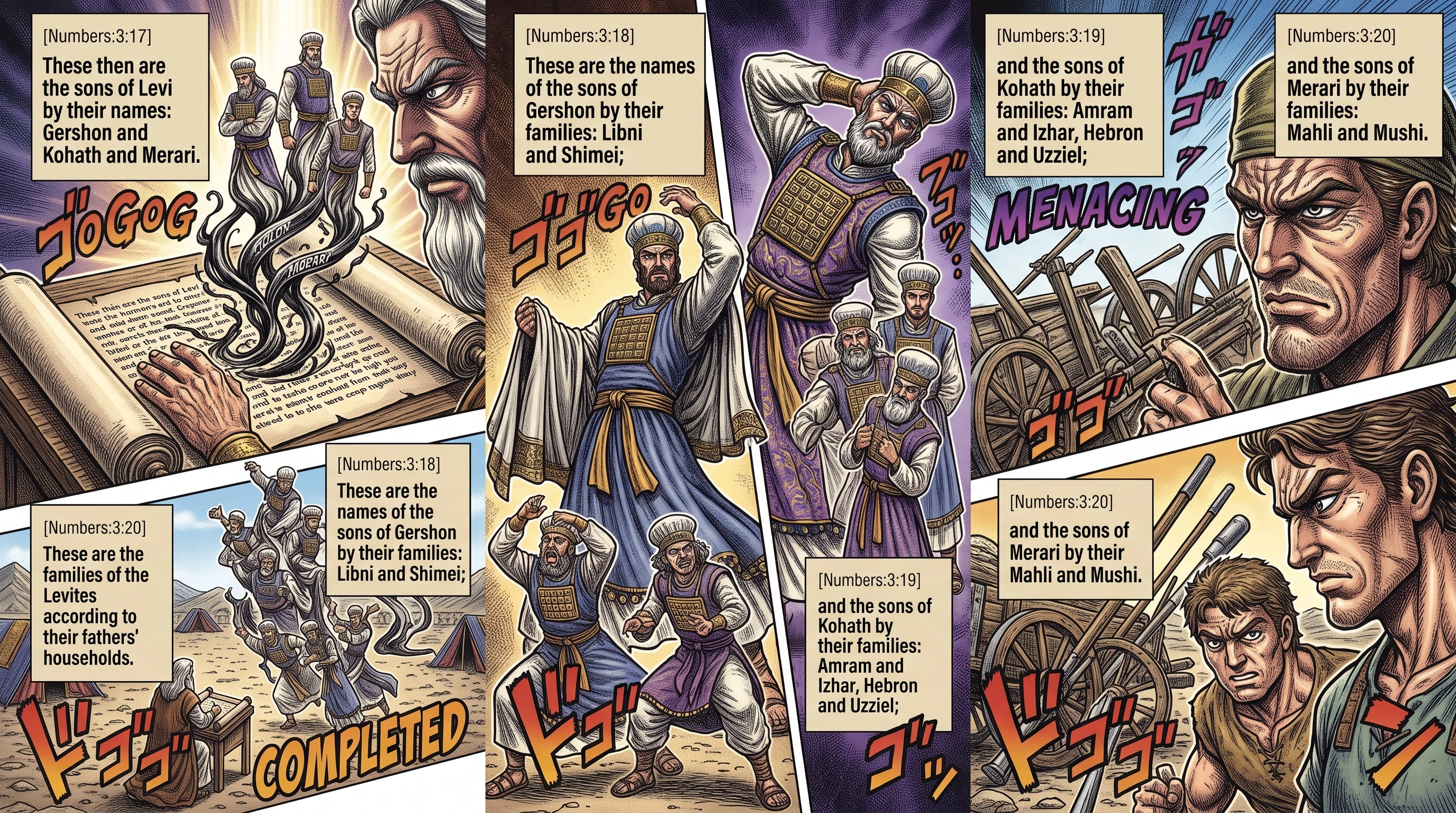 Numbers 3 illustration: The Sons of Levi: Gershon, Kohath, and Merari