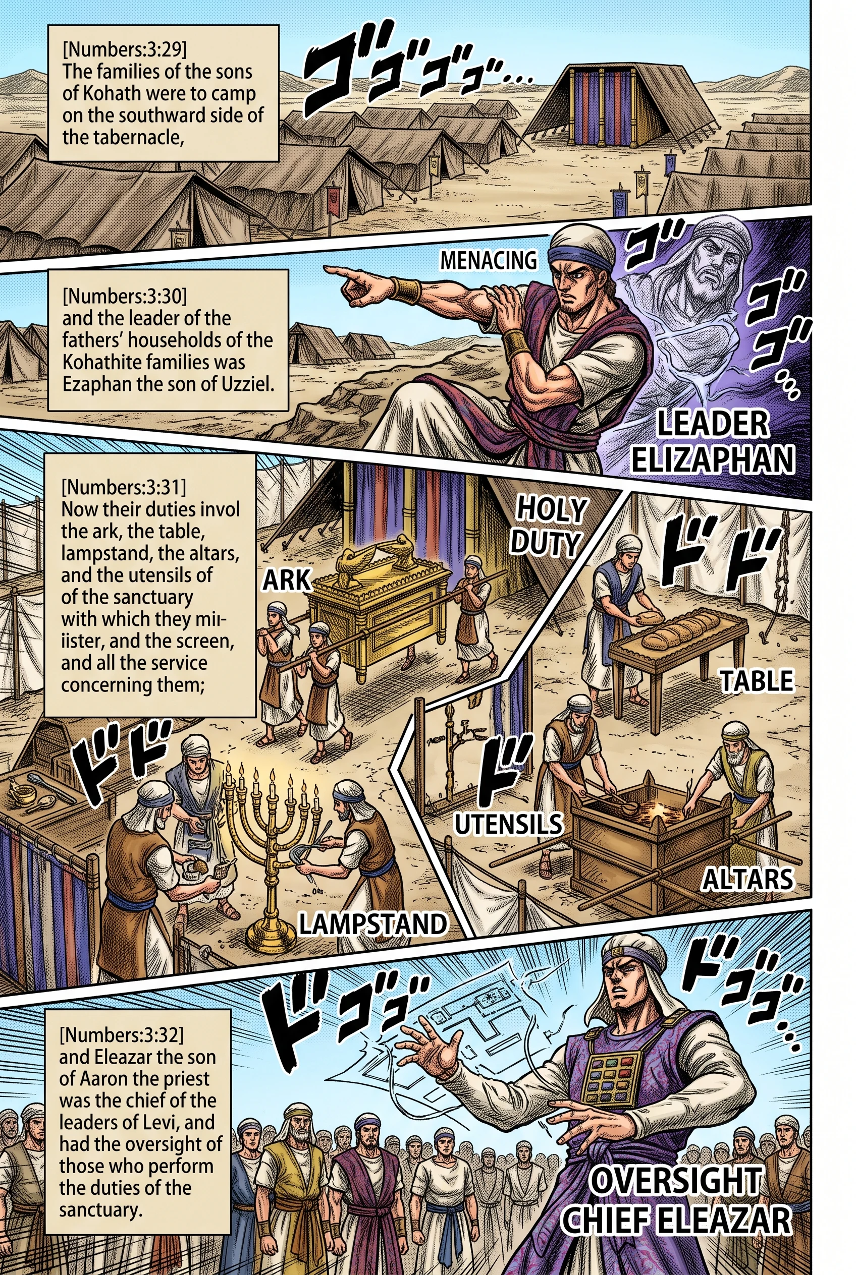 Numbers 3 illustration: The Kohathites Camp South; Eleazar Oversees All
