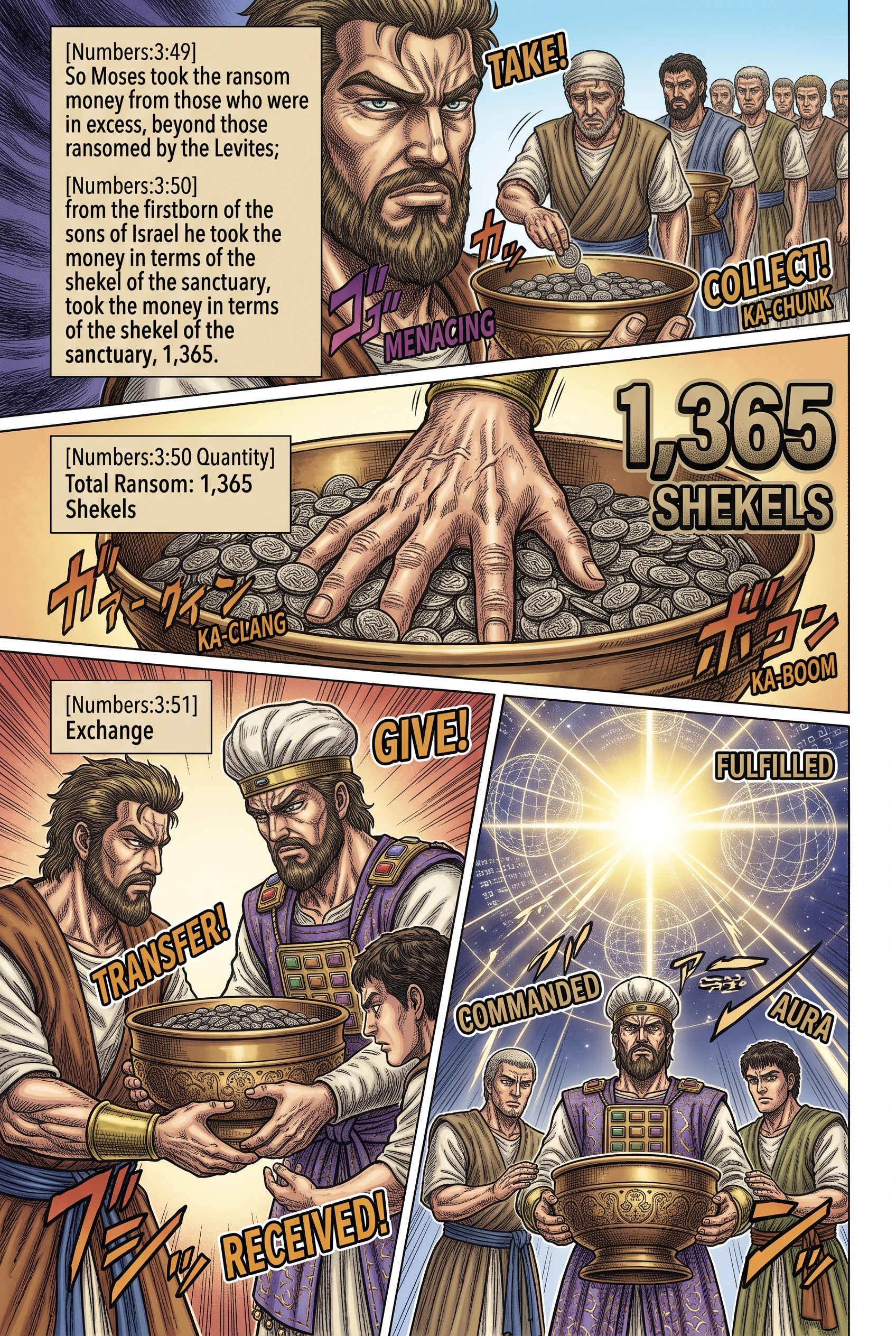 Numbers 3 illustration: Moses Collects and Pays the Ransom Silver