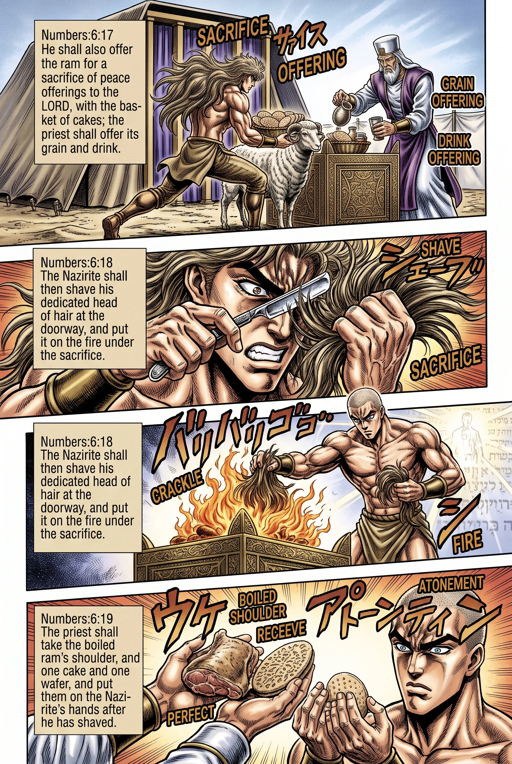 Numbers 6 illustration: Shaved Hair Burned Under the Peace Offering