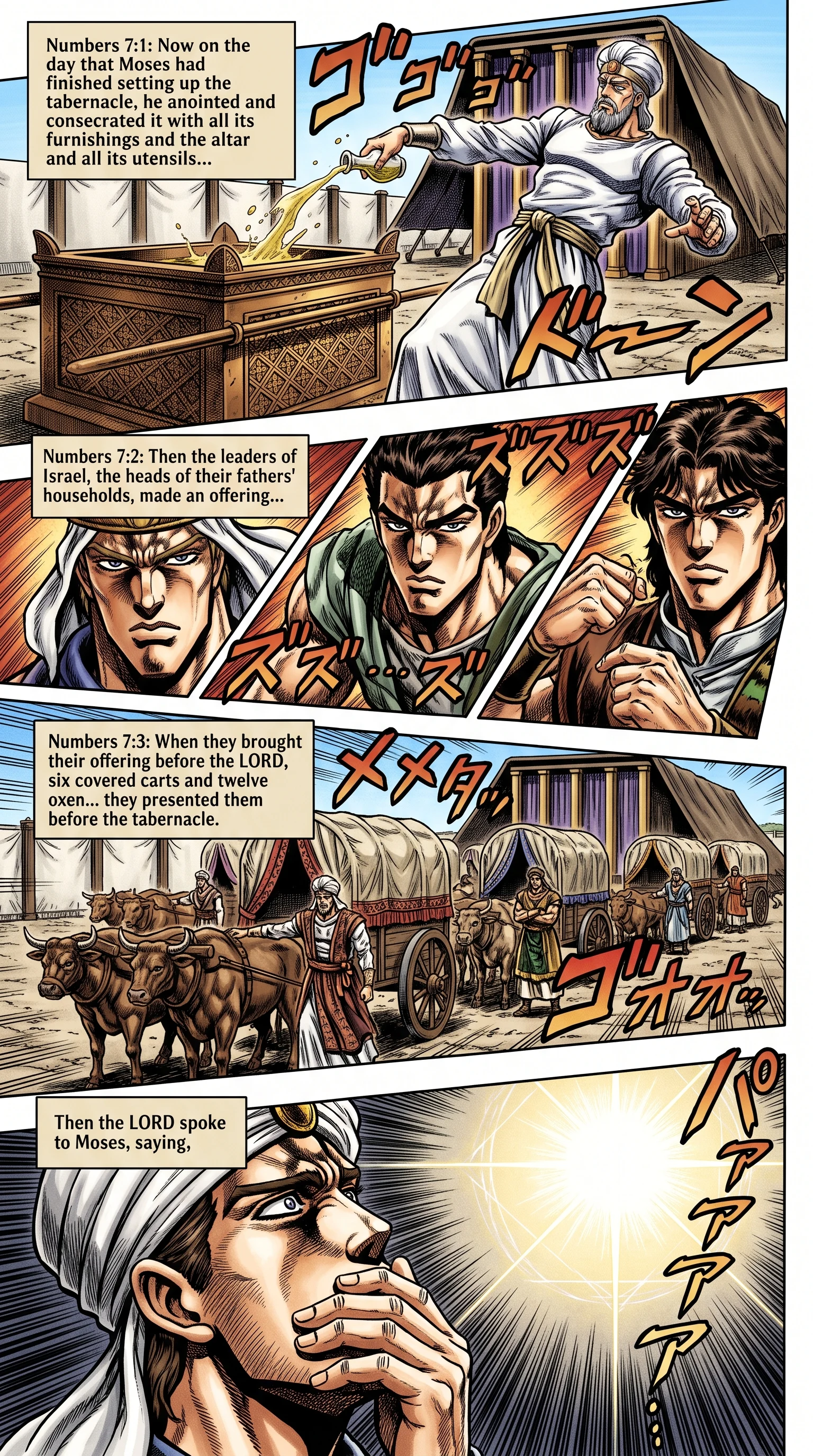 Numbers 7 illustration: Tribal Leaders Bring Carts and Oxen