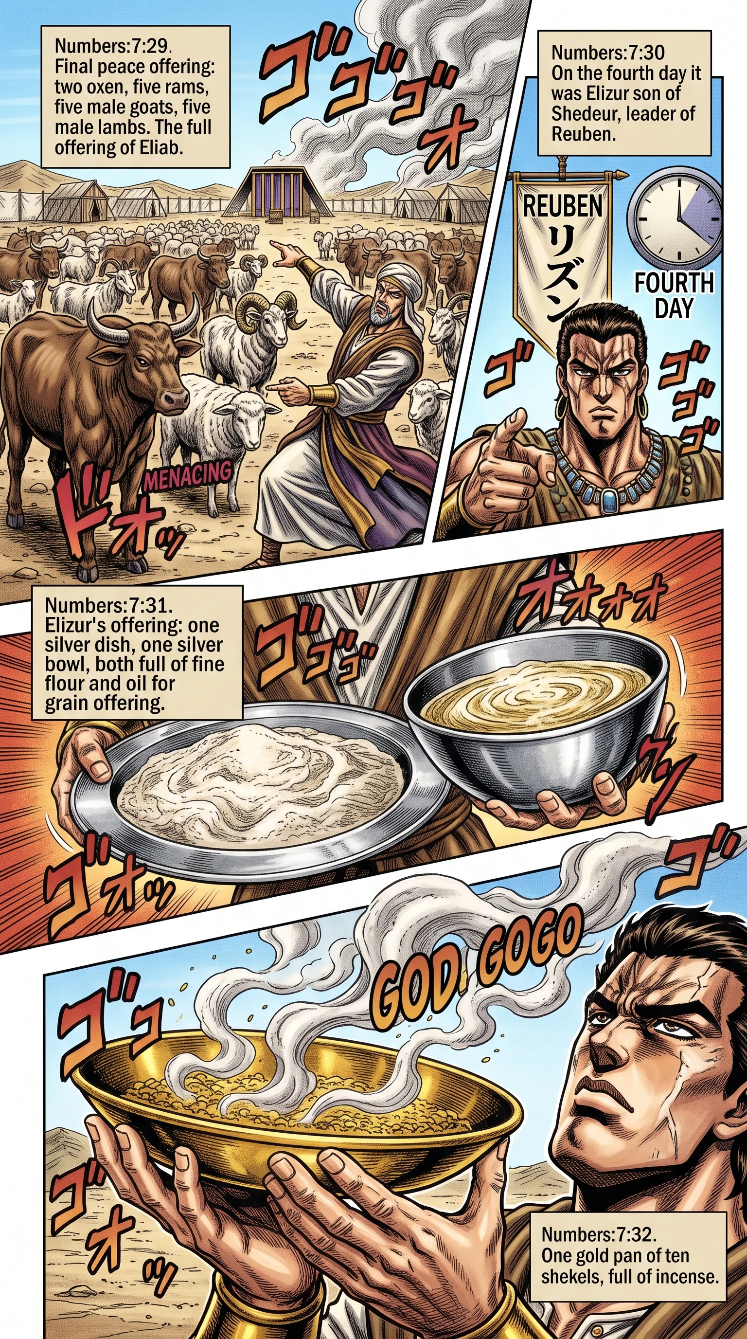 Numbers 7 illustration: Eliab Finishes and Elizur Presents Offering