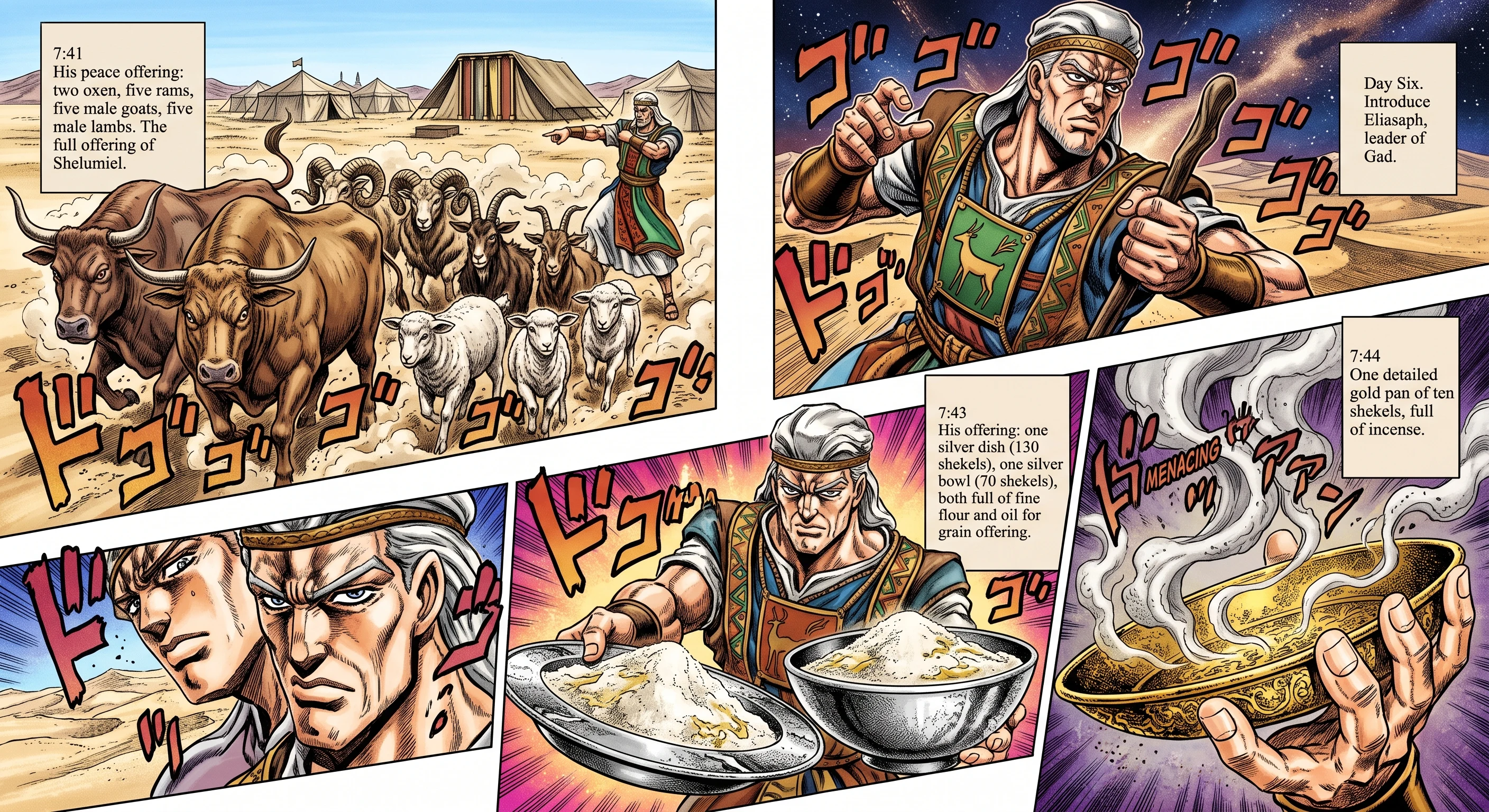 Numbers 7 illustration: Shelumiel Finishes and Eliasaph Presents Offering