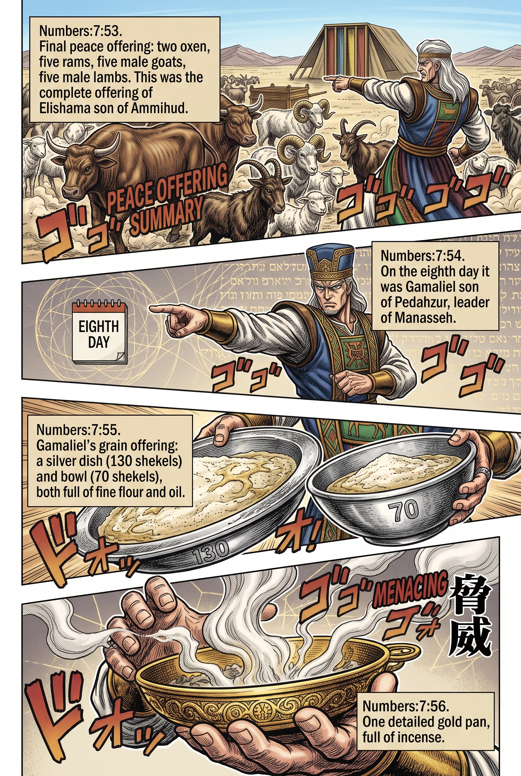 Numbers 7 illustration: Elishama Finishes and Gamaliel Presents Offering