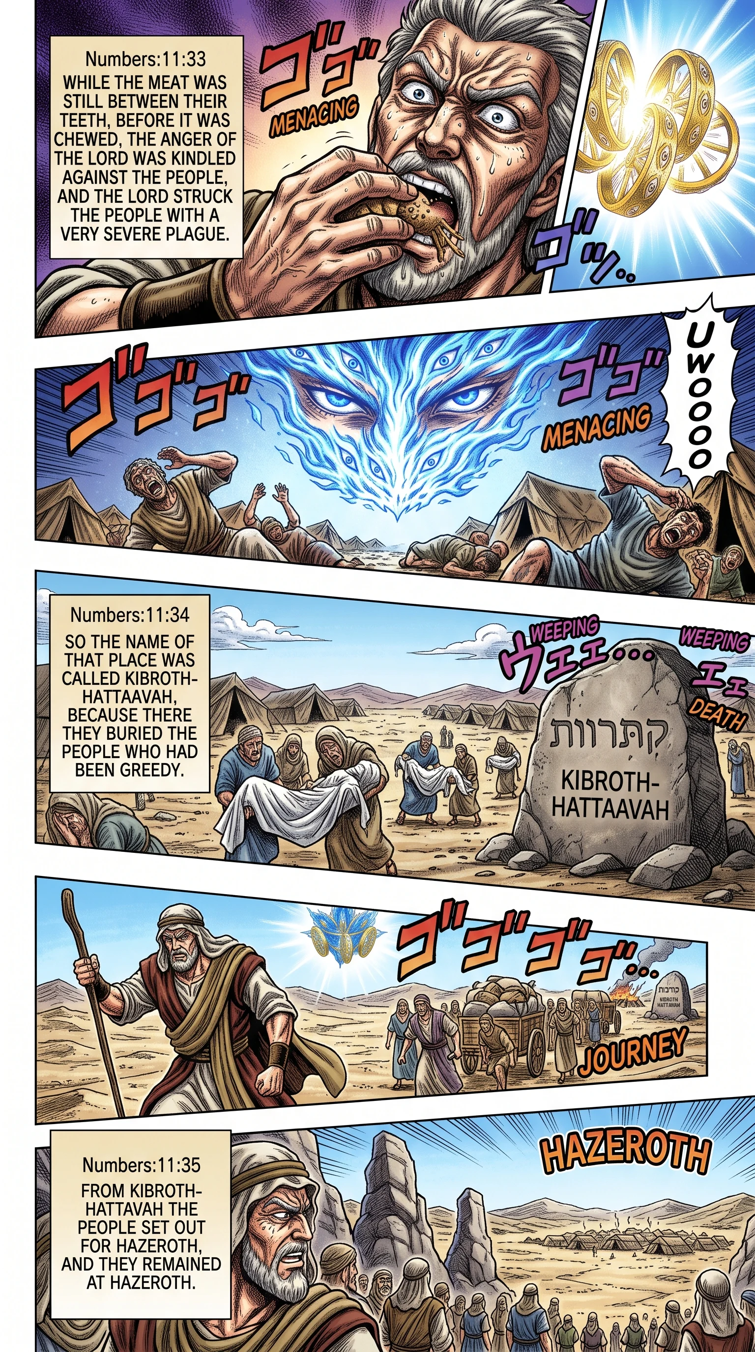 Numbers 11 illustration: Plague on Greed at Kibroth-hattaavah