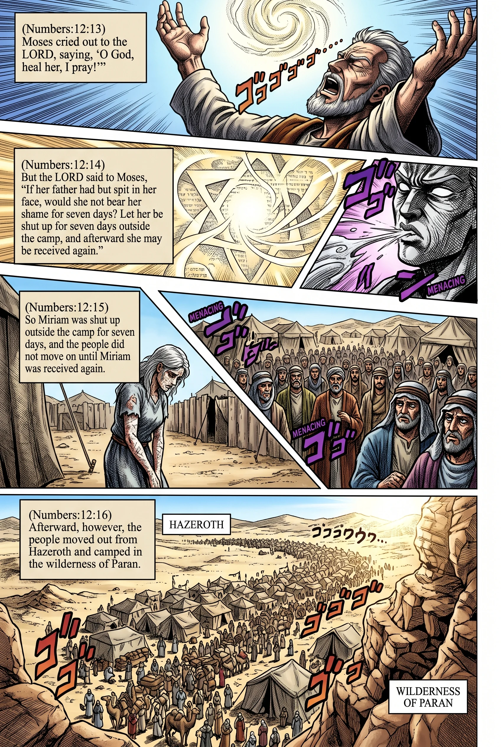 Numbers 12 illustration: Moses Prays and Miriam Is Excluded