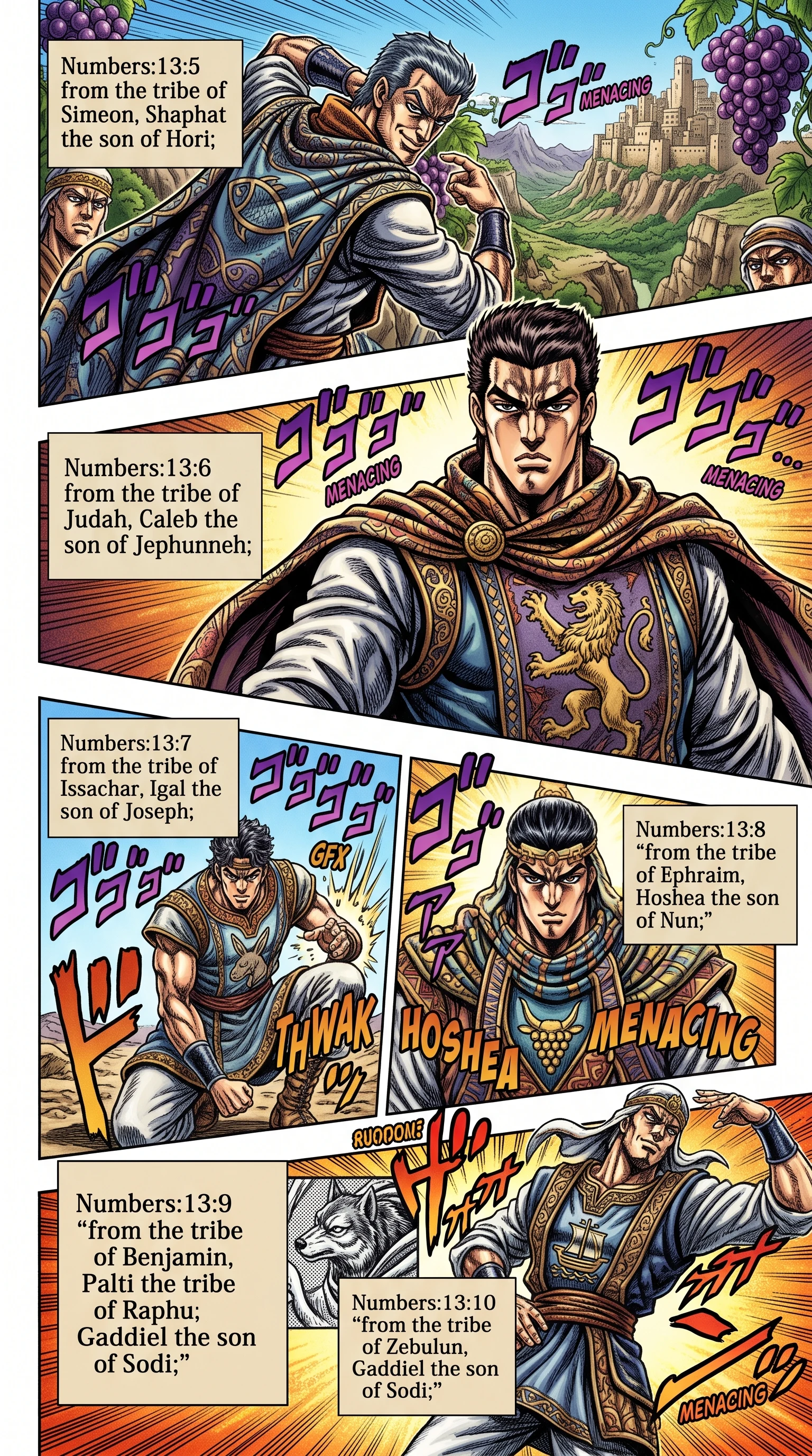 Numbers 13 illustration: Spies from Simeon through Zebulun