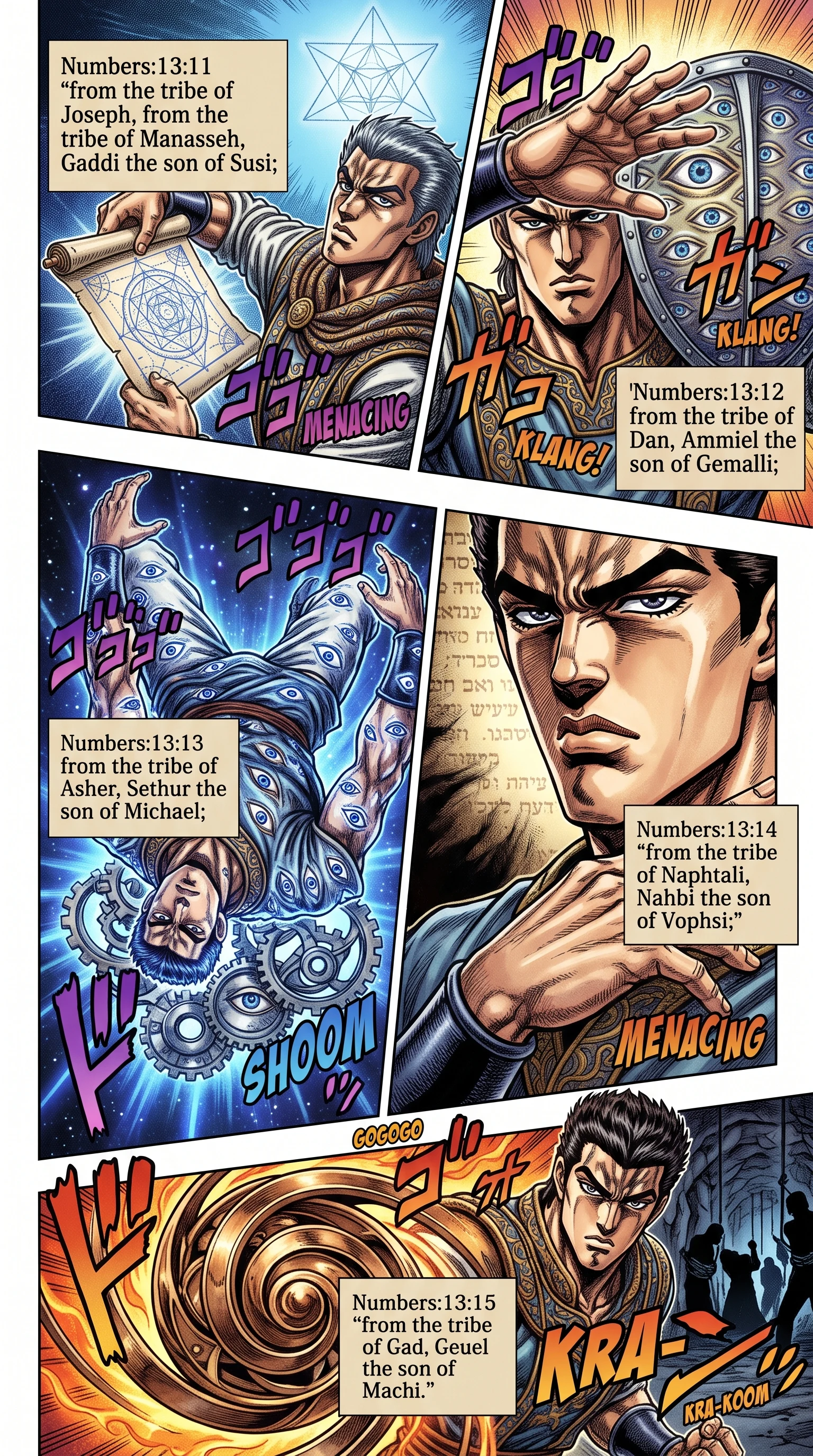 Numbers 13 illustration: Spies from Manasseh through Gad