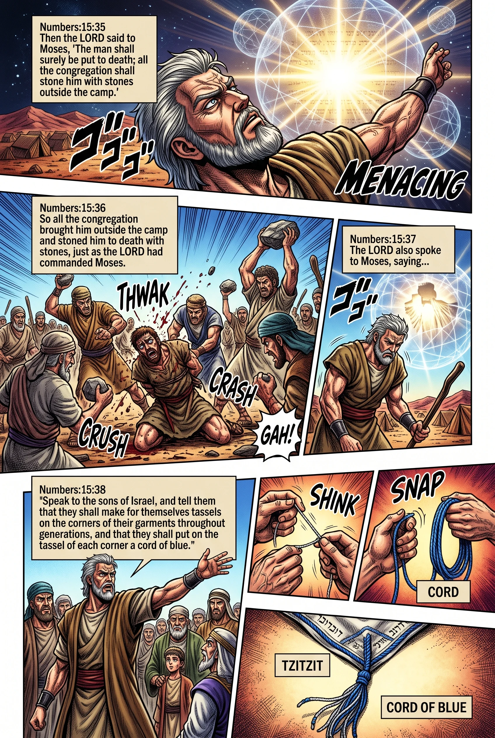 Numbers 15 illustration: Sabbath Breaker Stoned and Tassels Commanded