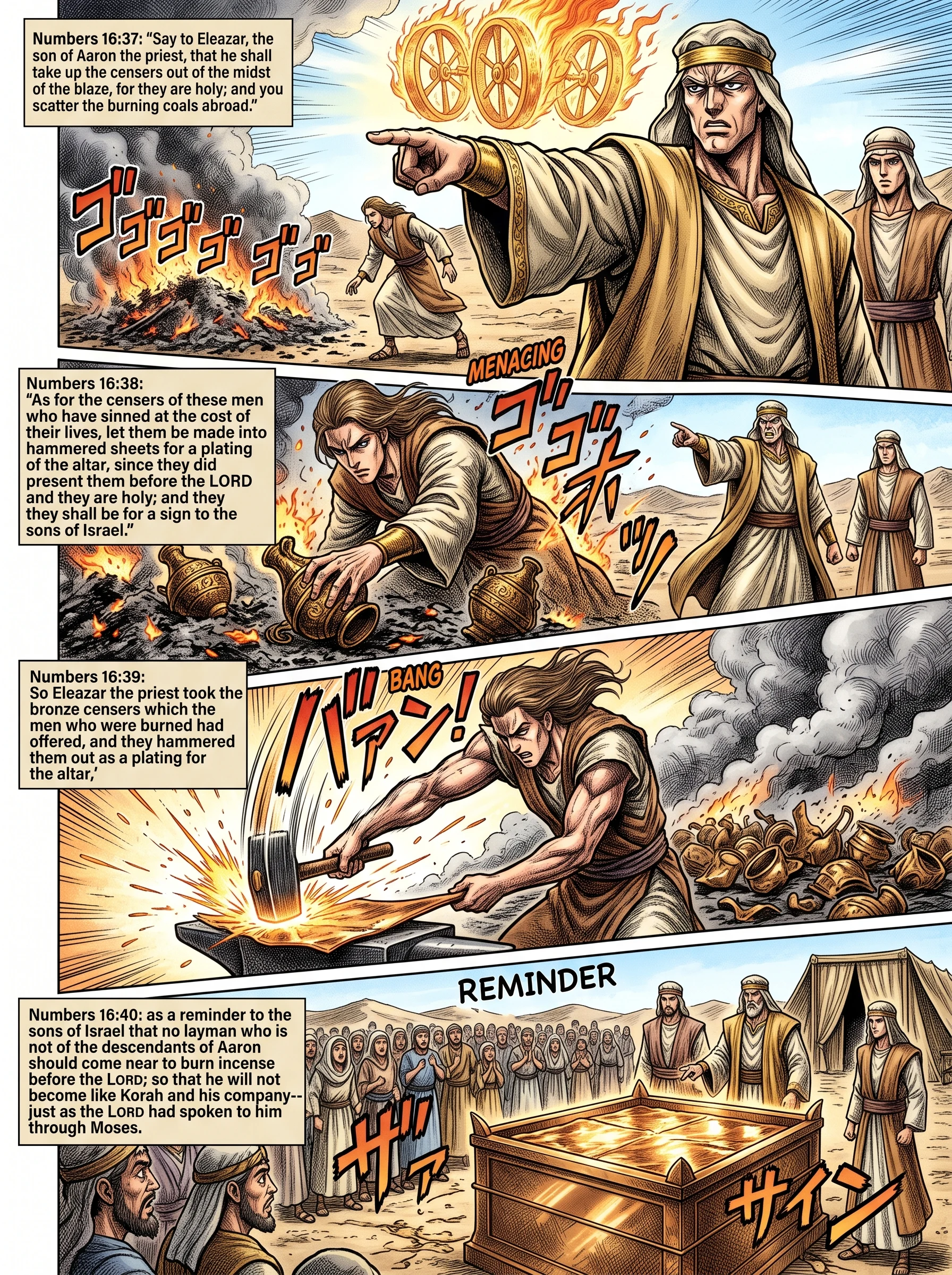 Numbers 16 illustration: Rebel Censers Hammered for Altar Plating