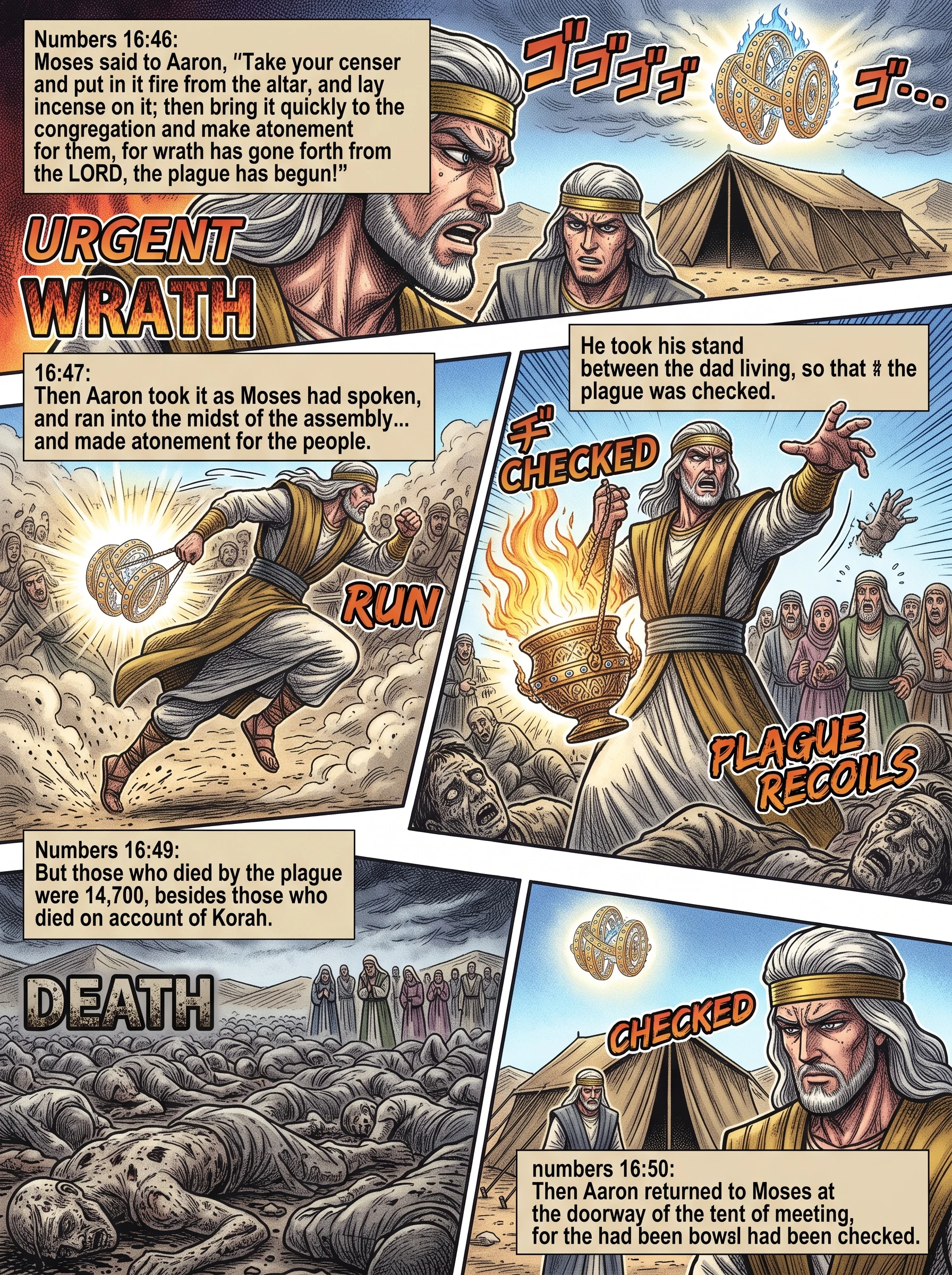 Numbers 16 illustration: Aaron Makes Atonement to Stop Plague