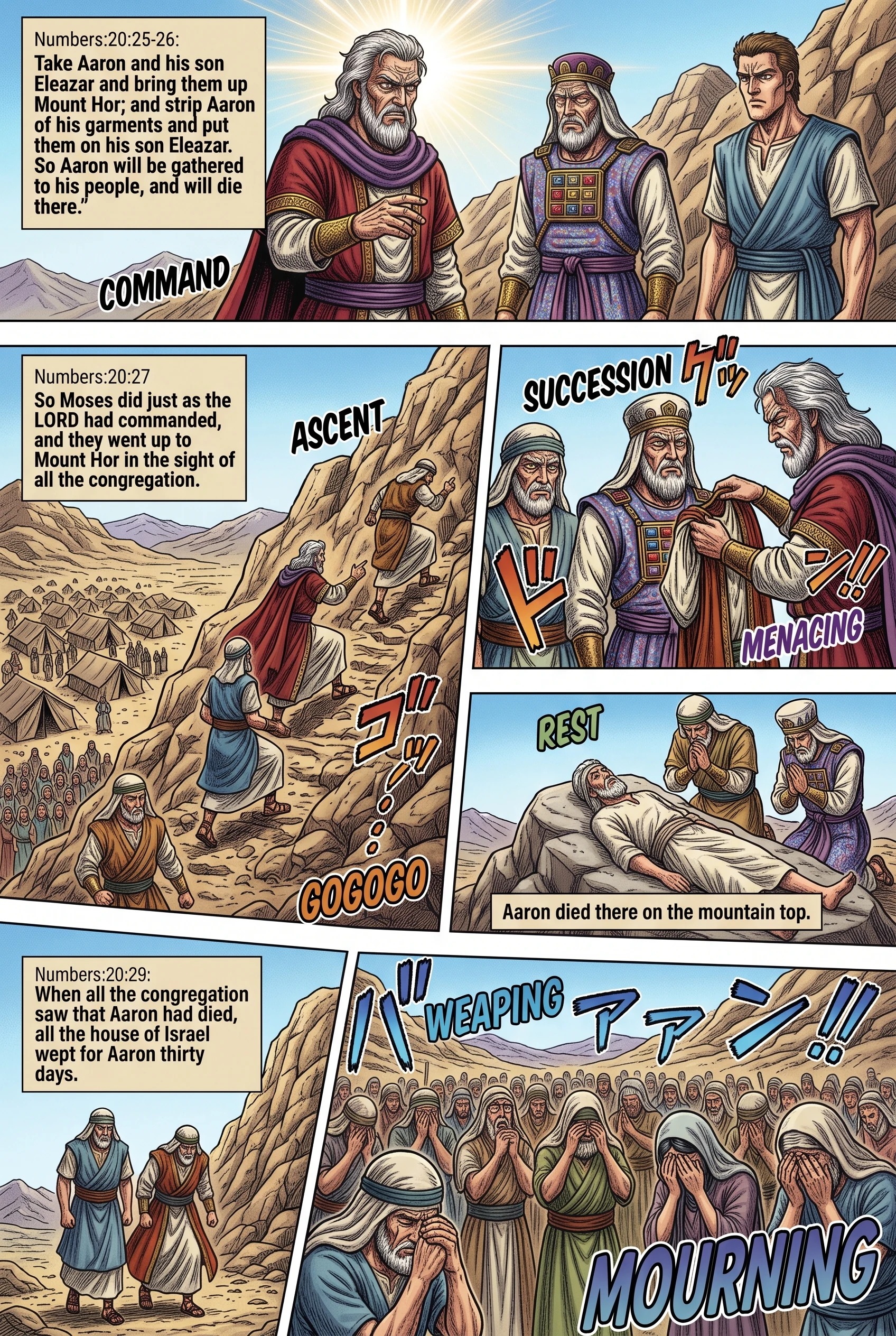 Numbers 20 illustration: Aaron Dies on Top of Mount Hor