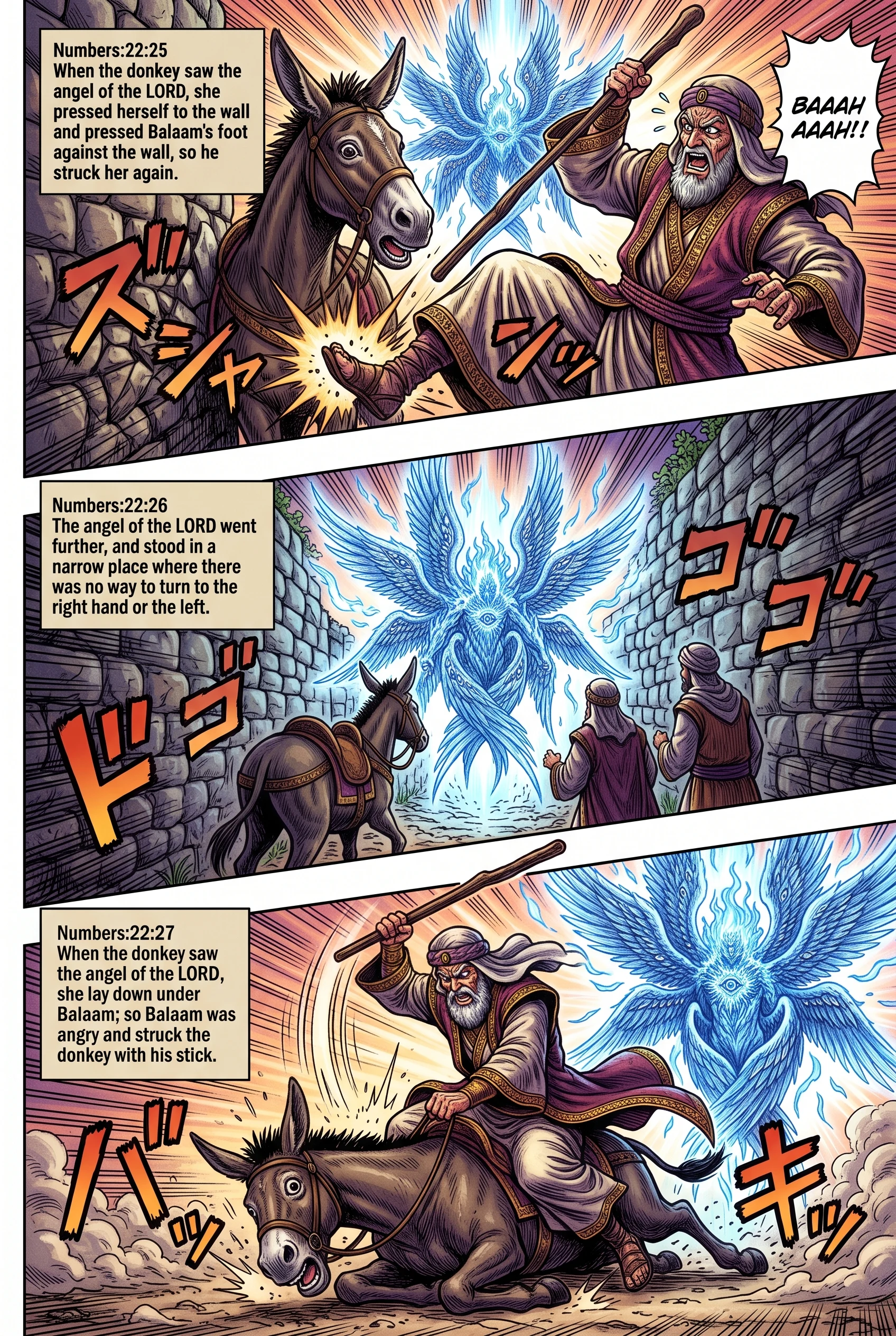 Numbers 22 illustration: Donkey Crushes Foot and Lies Down