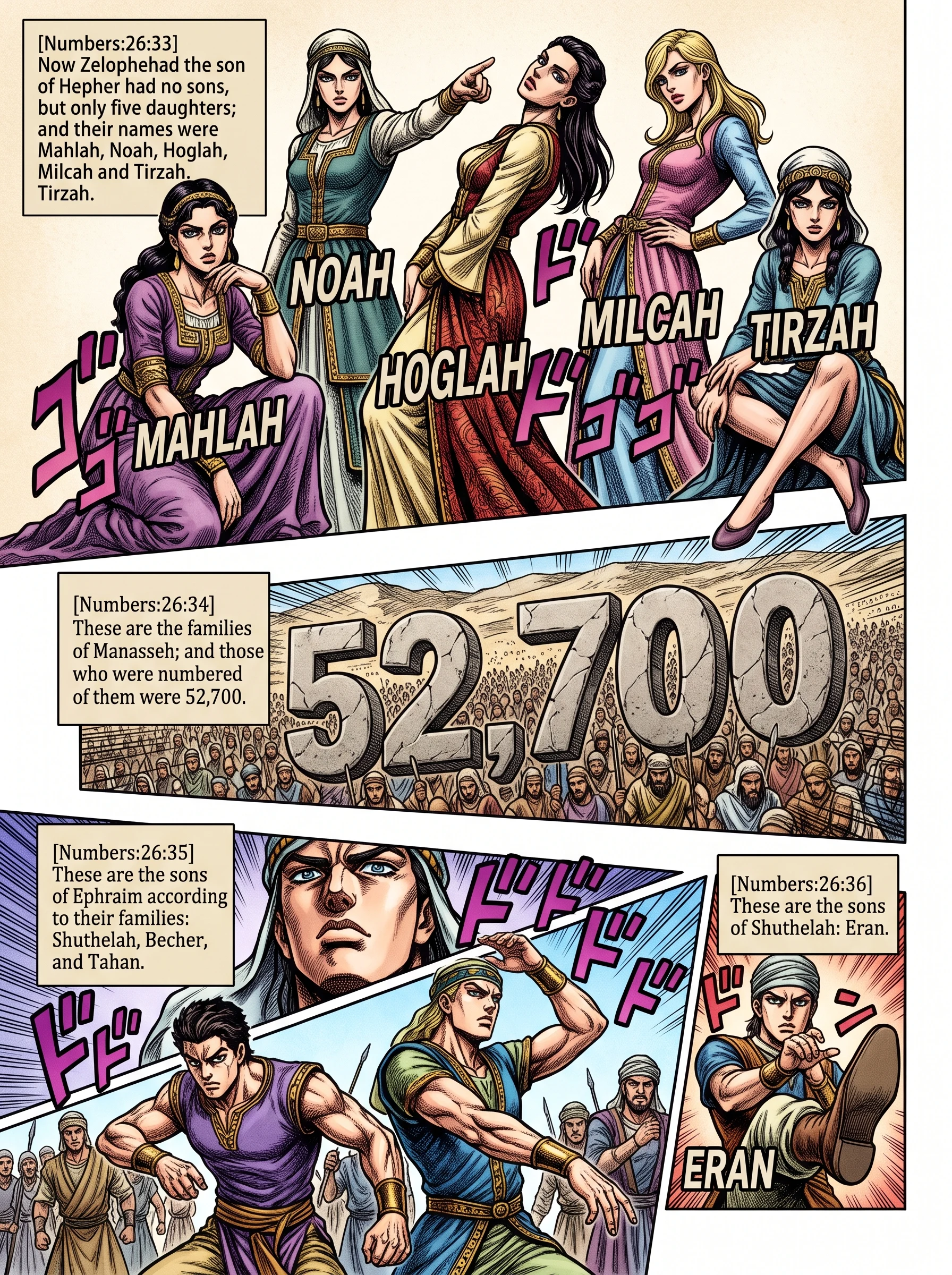 Numbers 26 illustration: Daughters of Zelophehad and Ephraim's Families